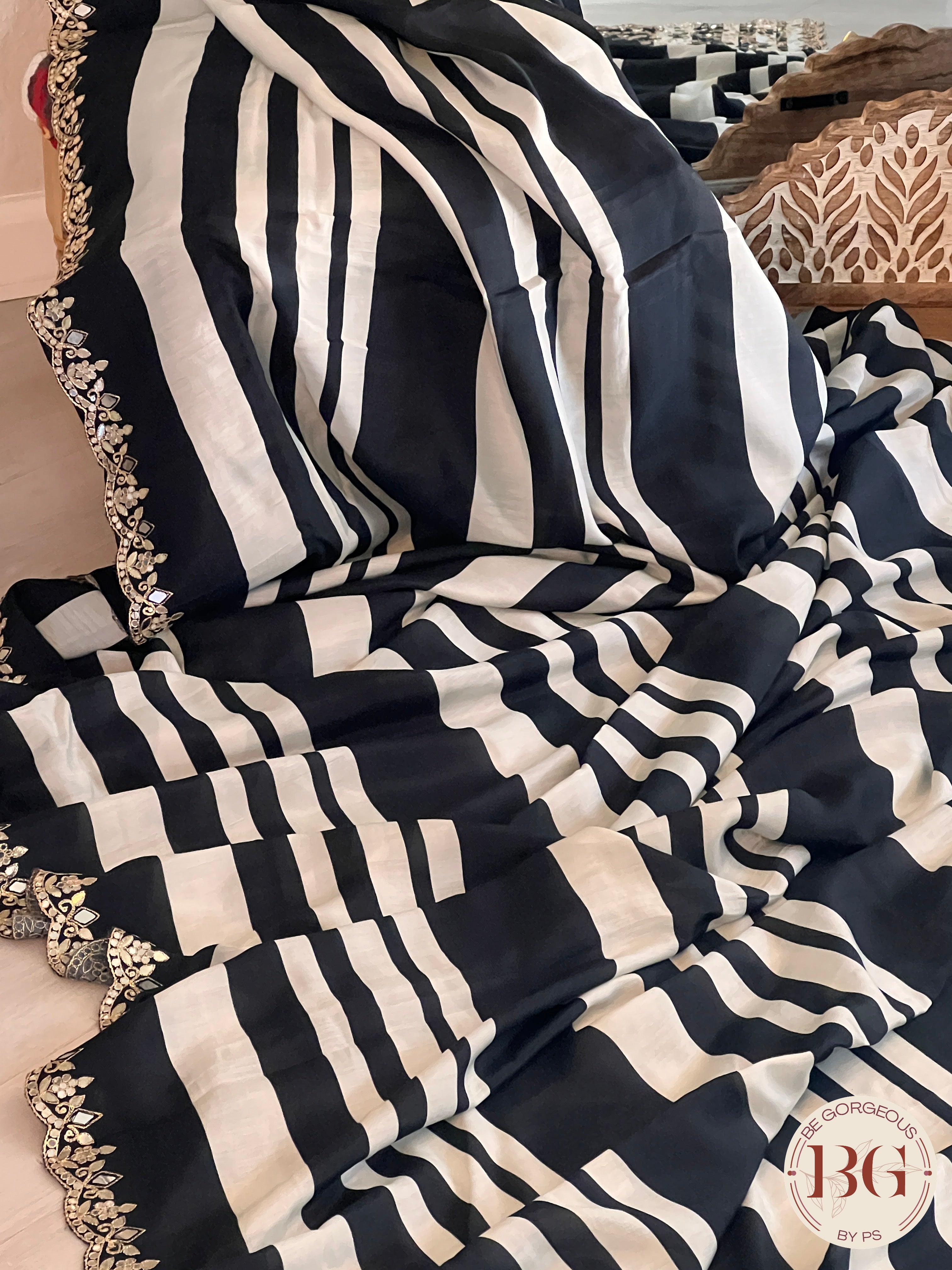 Printed Munga Silk Black Stripes