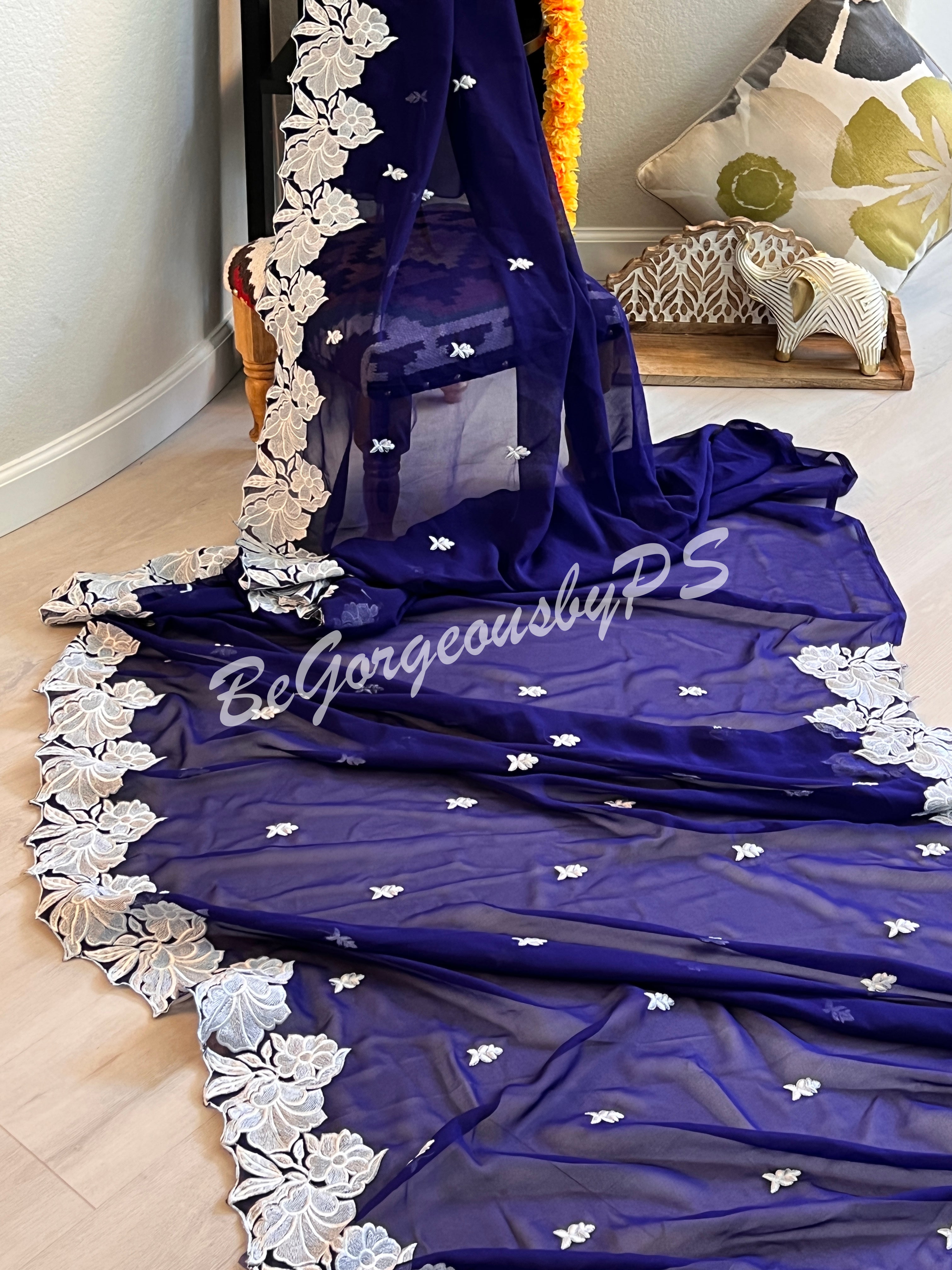 CUTWORK GEORGETTE ROYAL BLUE SAREE