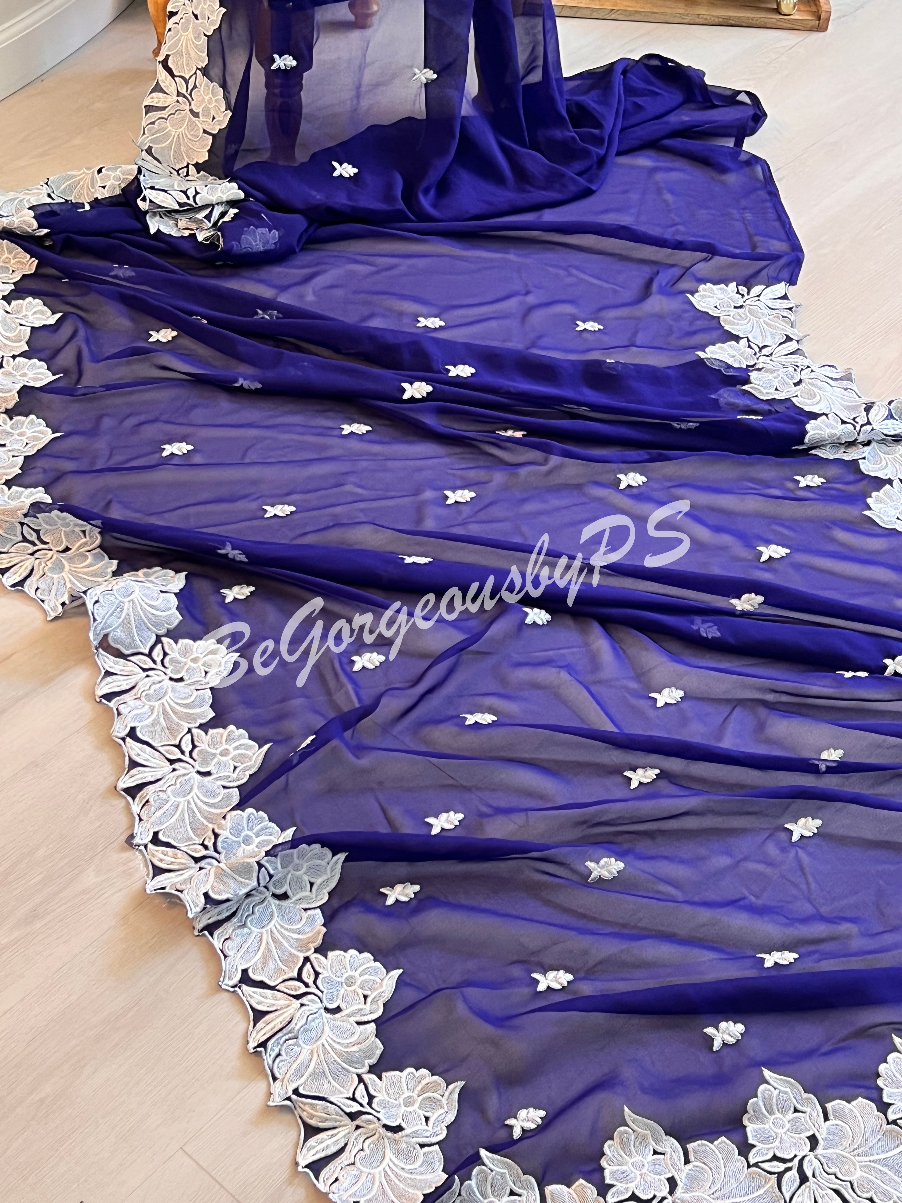 CUTWORK GEORGETTE ROYAL BLUE SAREE