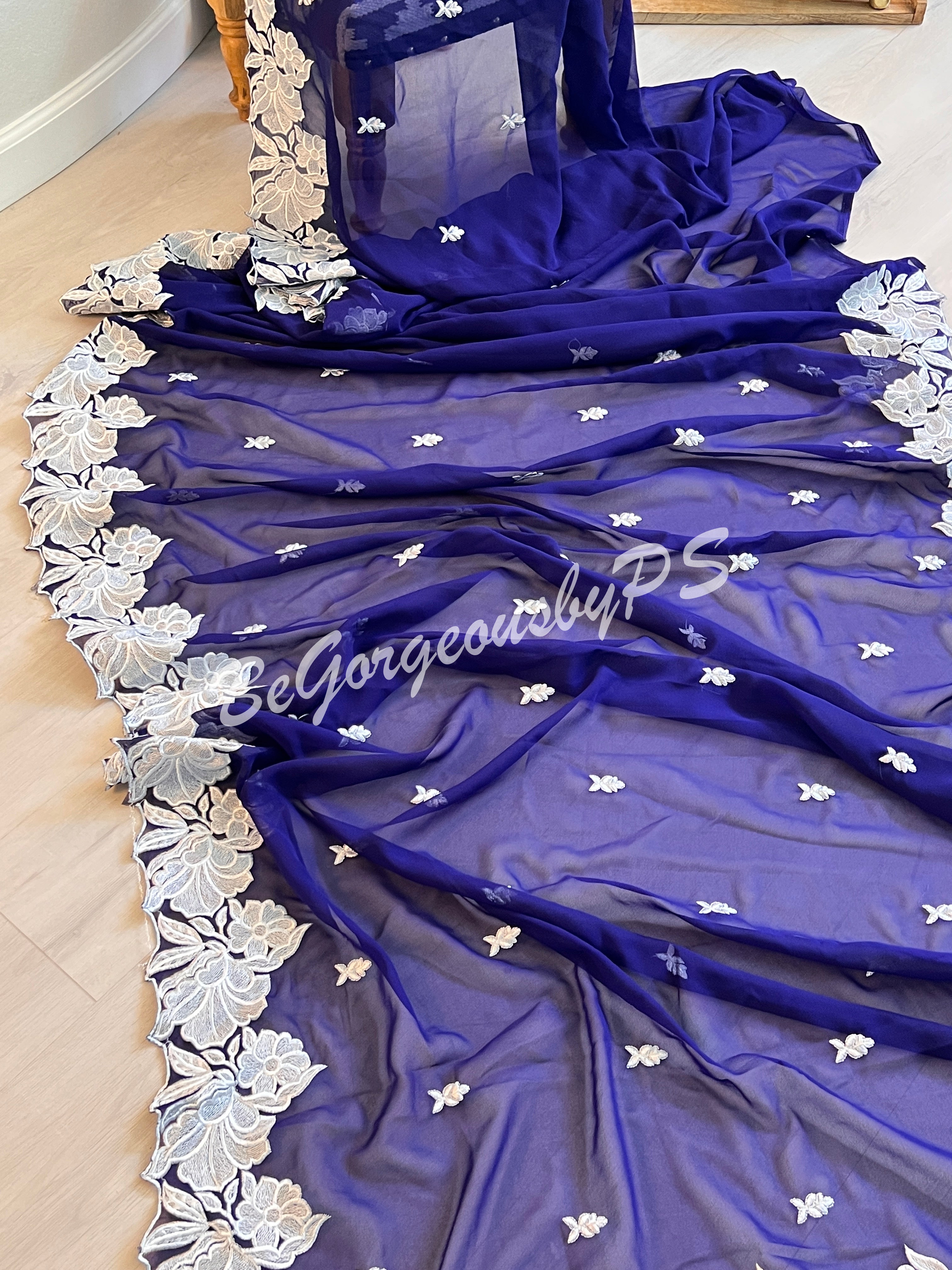 CUTWORK GEORGETTE ROYAL BLUE SAREE