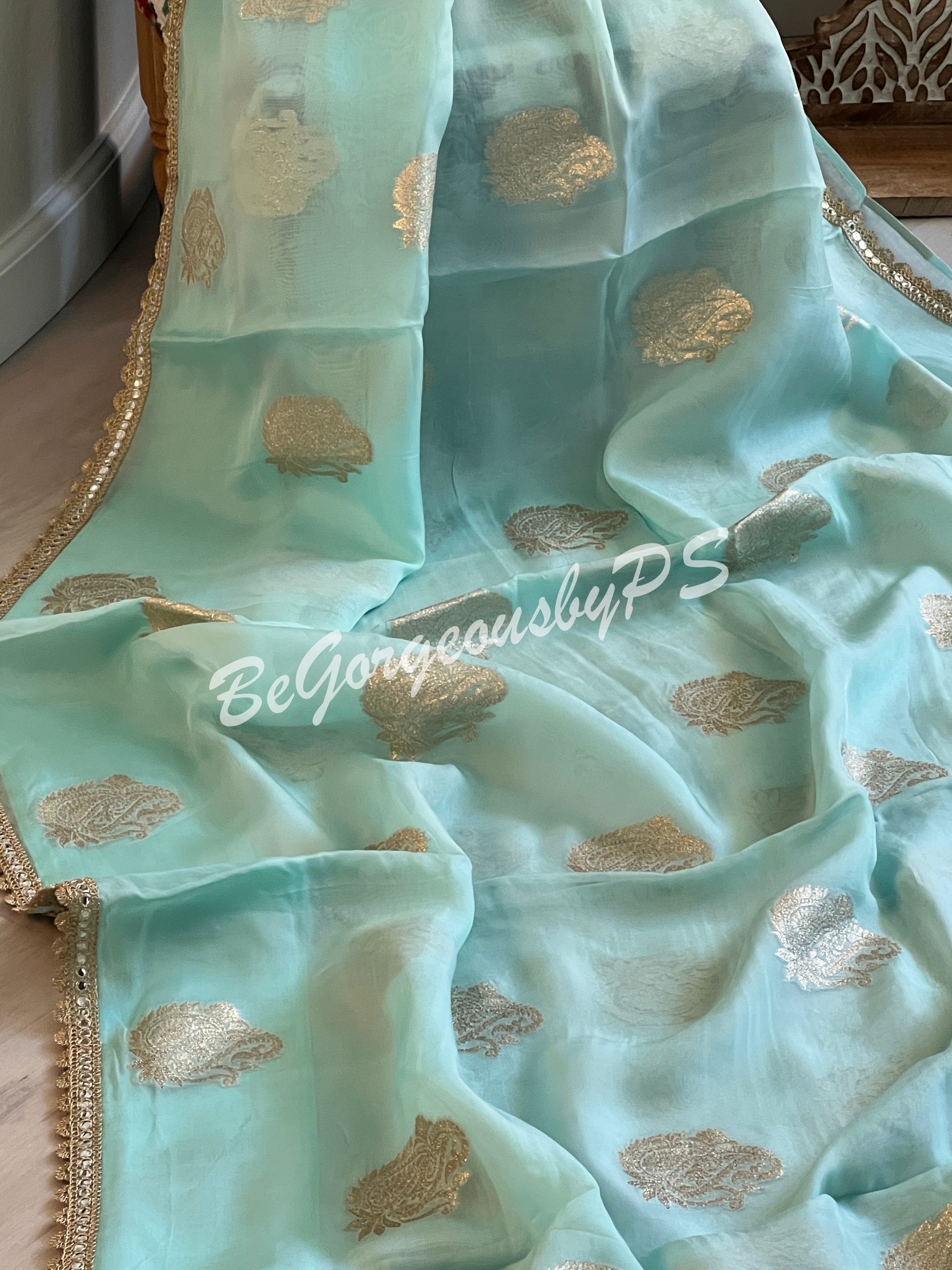 Organza wiith butta and semistitched blouse sky blue