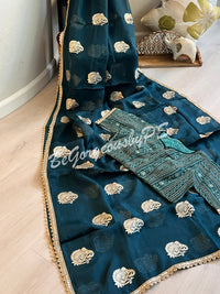 Organza wiith butta and semistitched blouse navy blue