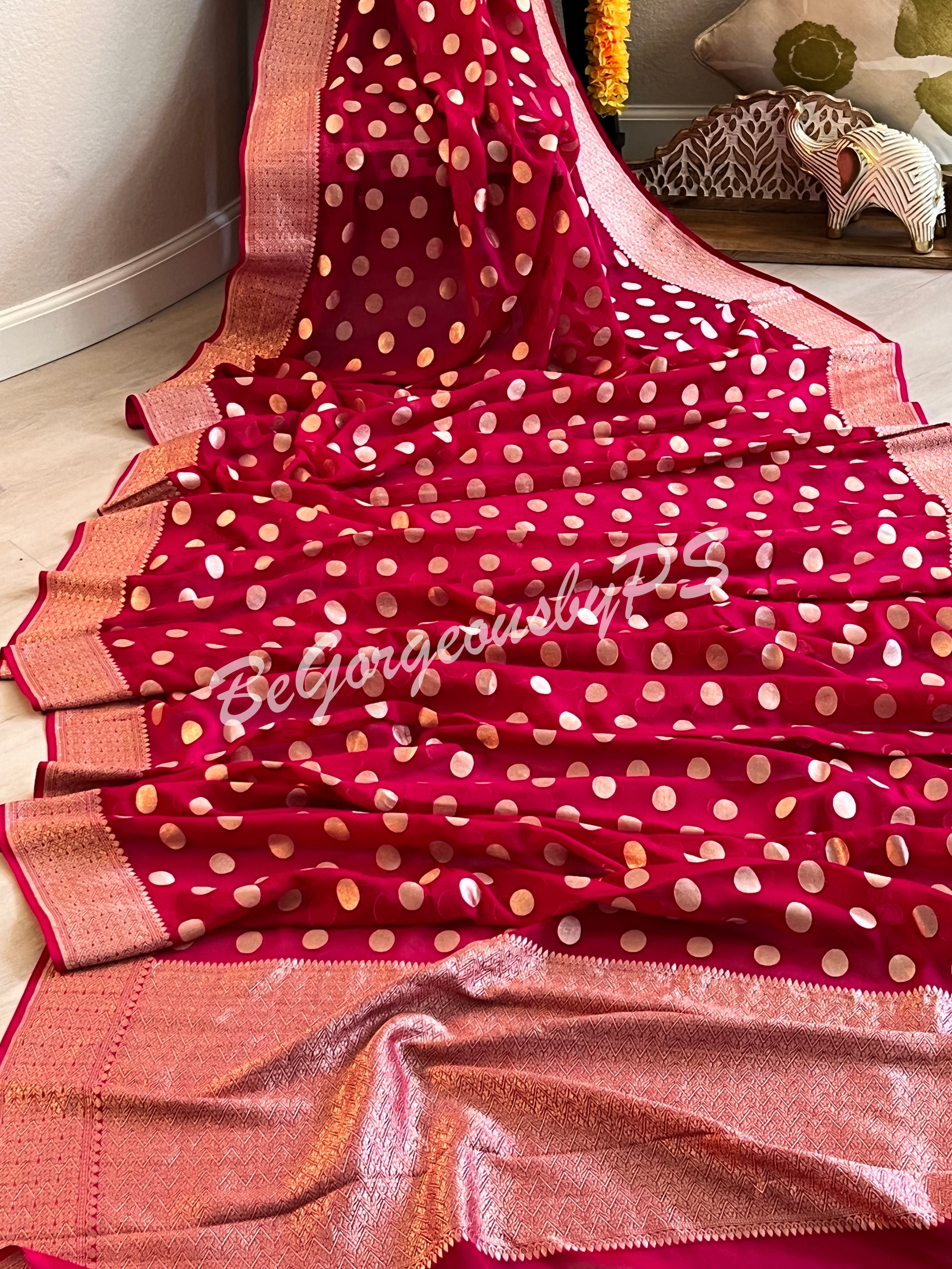 Banarasi Handwoven Georgette silk with gold zari weaved saree, polka dots and stitched blouse pink