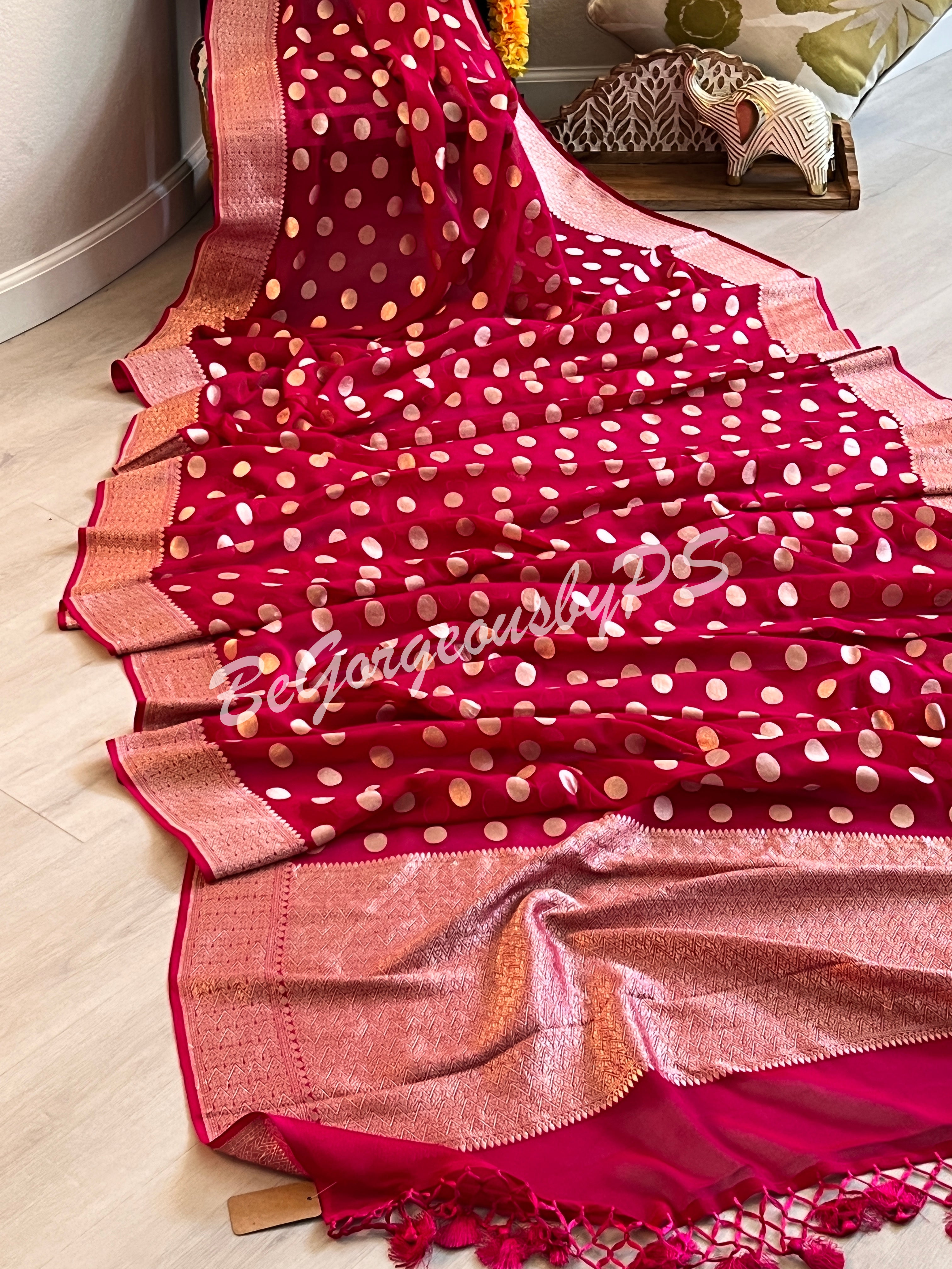 Banarasi Handwoven Georgette silk with gold zari weaved saree, polka dots and stitched blouse pink