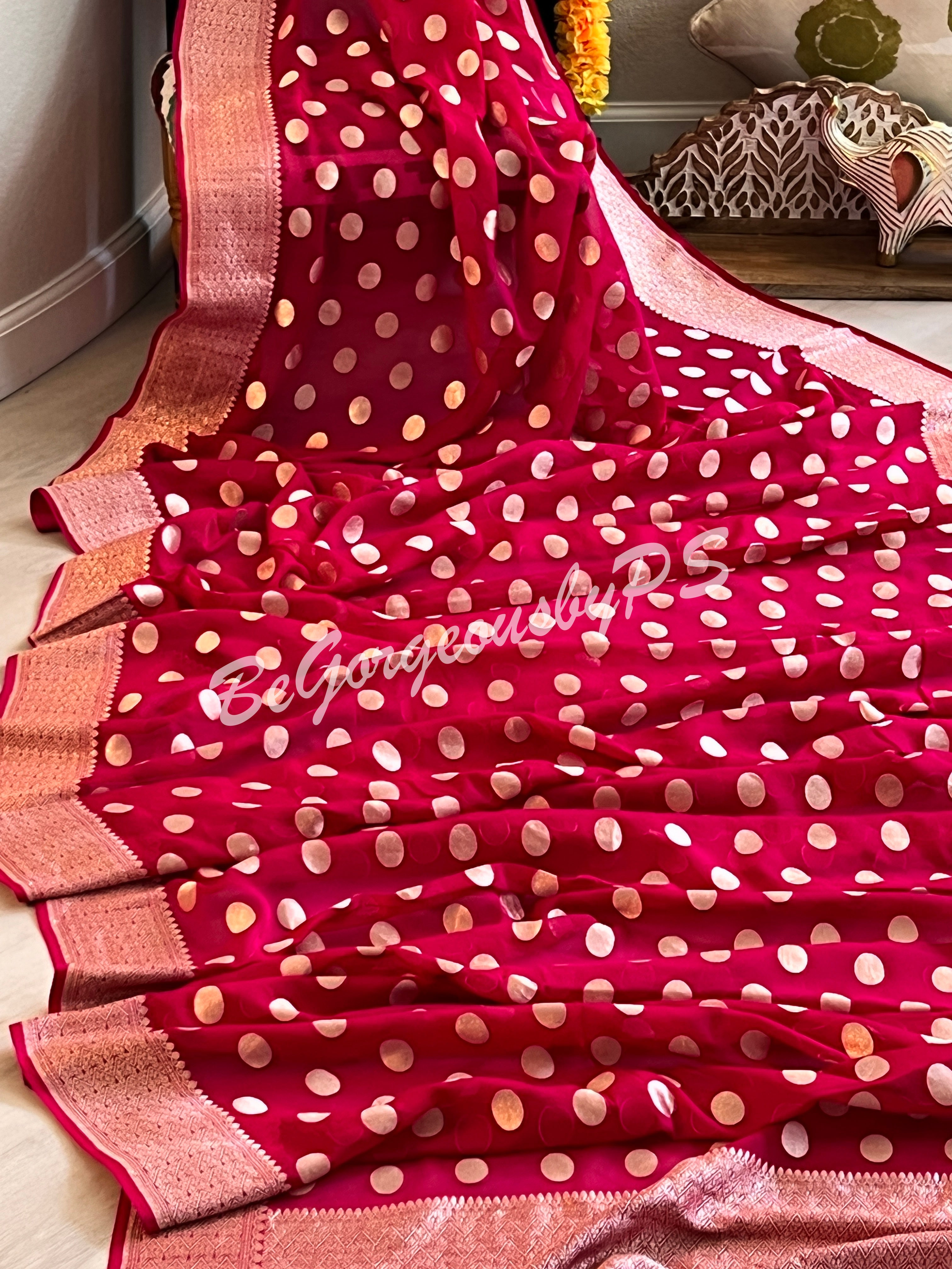 Polka Dot Printed Satin Georgette Saree in Red | Utsav fashion, Fancy sarees,  Georgette sarees