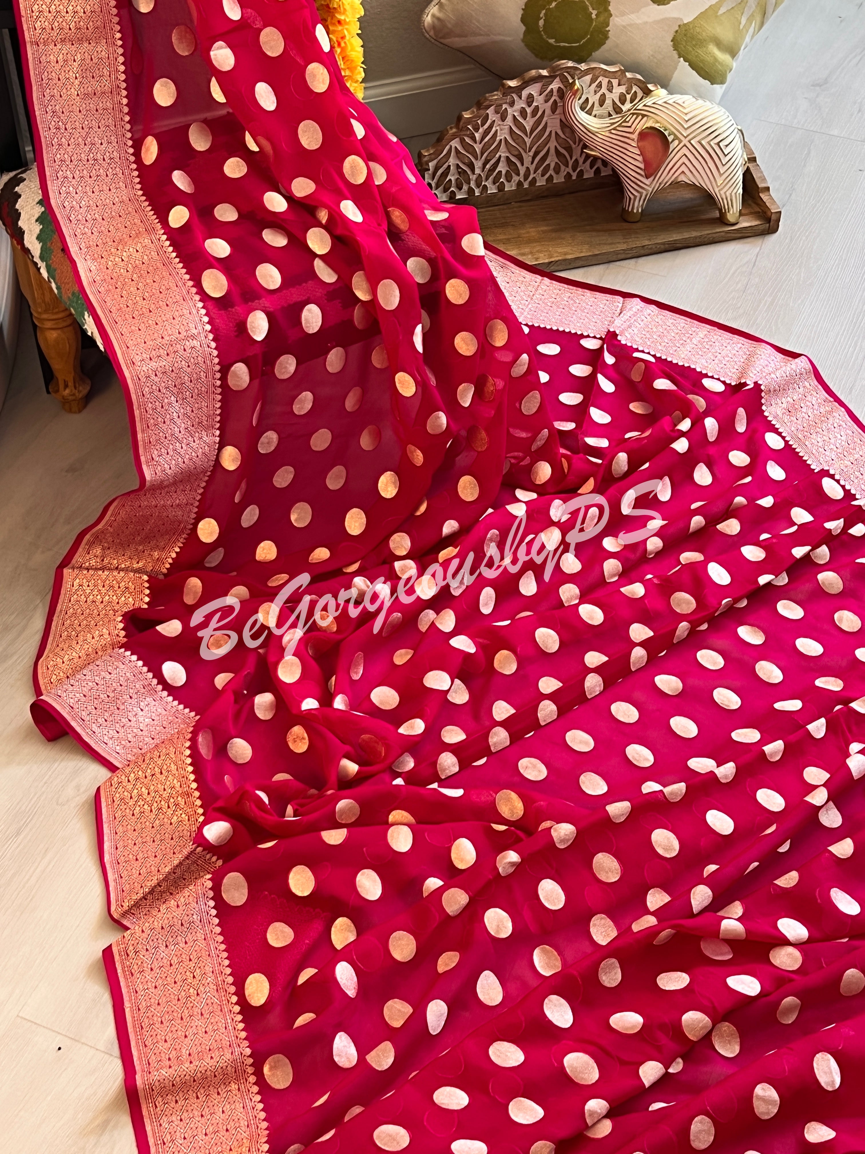 Banarasi Handwoven Georgette silk with gold zari weaved saree, polka dots and stitched blouse pink