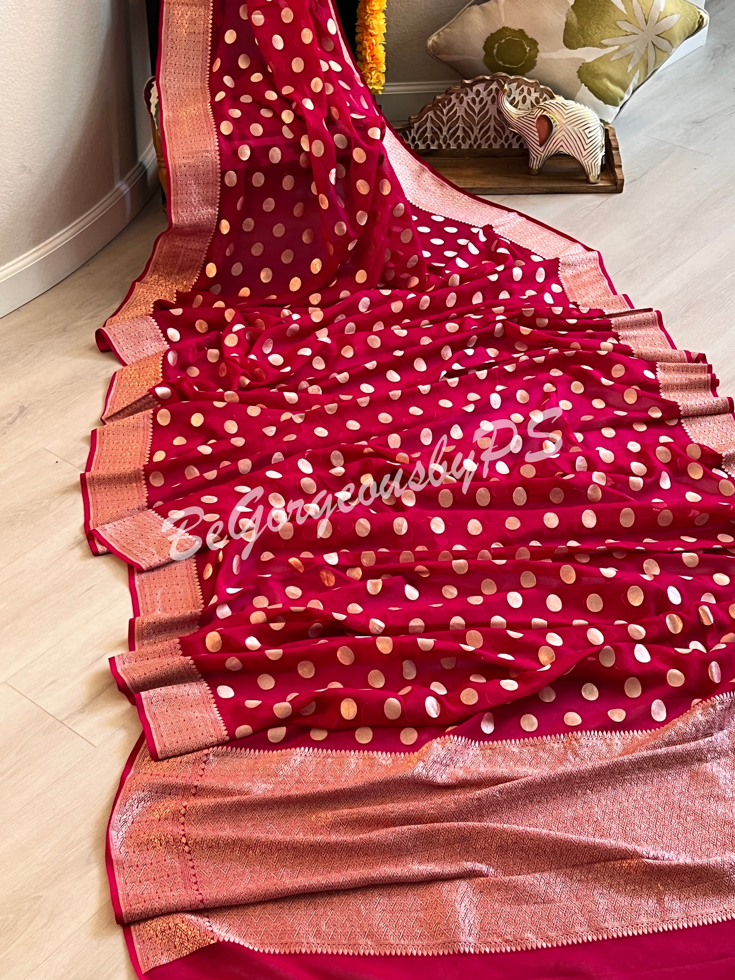 Banarasi Handwoven Georgette silk with gold zari weaved saree, polka dots and stitched blouse pink