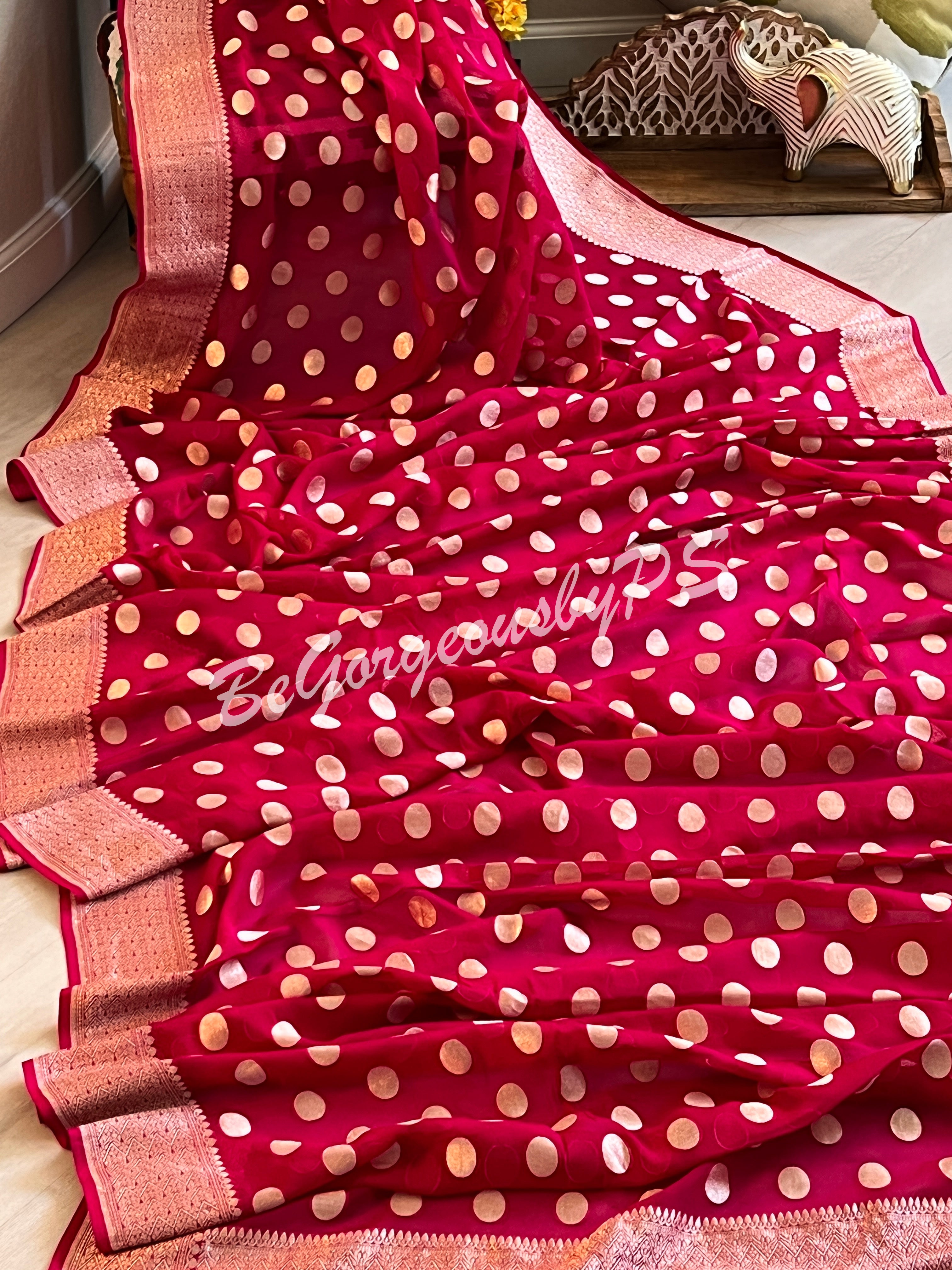 Banarasi Handwoven Georgette silk with gold zari weaved saree, polka dots and stitched blouse pink