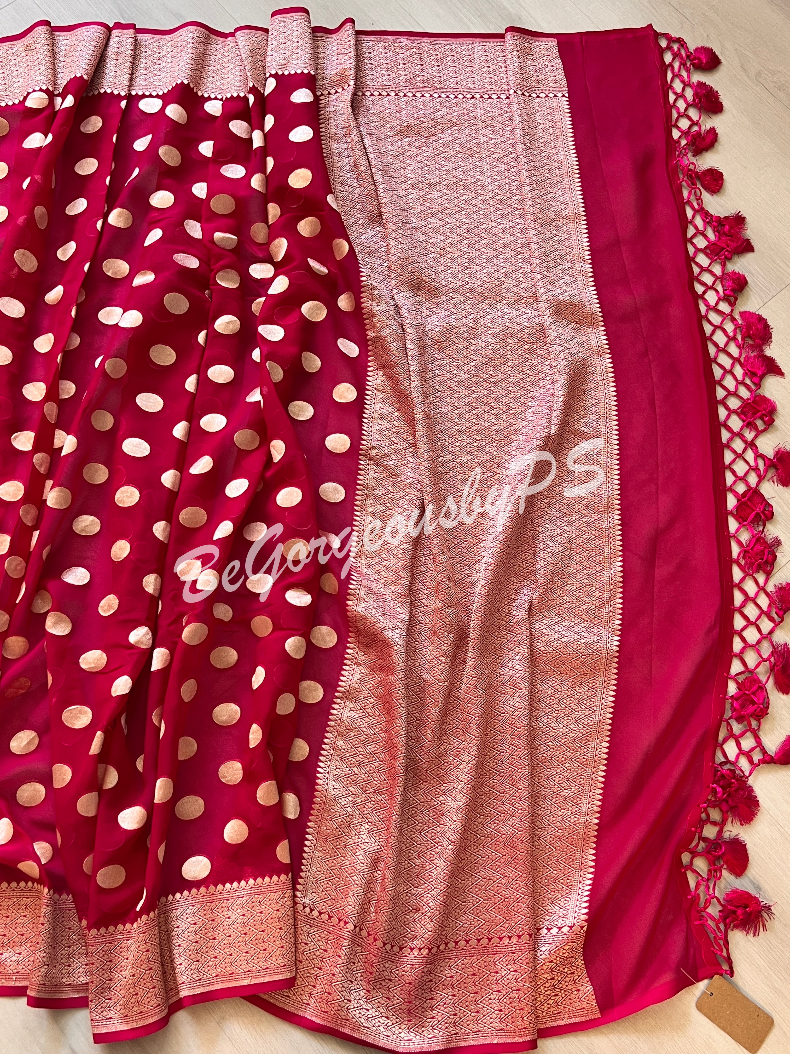 Banarasi Handwoven Georgette silk with gold zari weaved saree, polka dots and stitched blouse pink