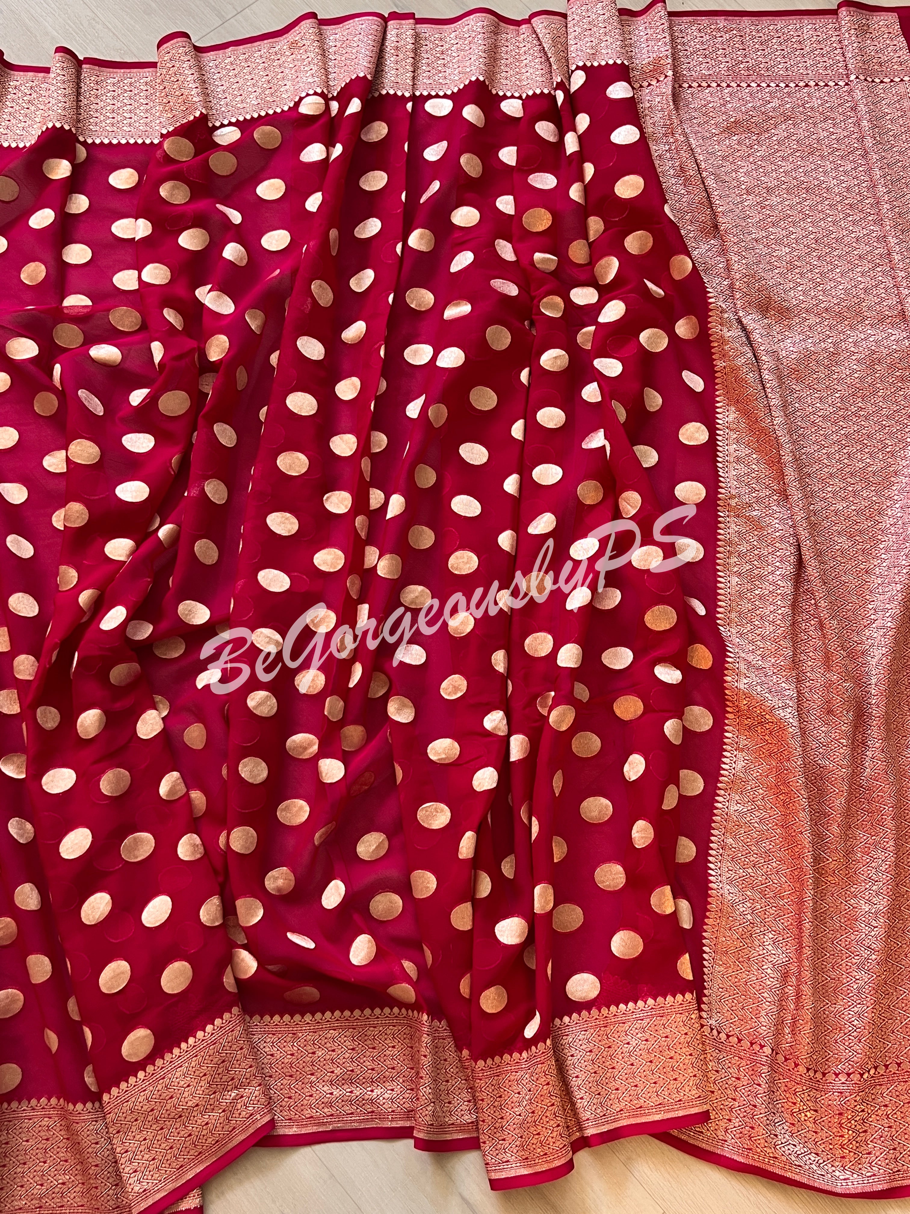 Banarasi Handwoven Georgette silk with gold zari weaved saree, polka dots and stitched blouse pink