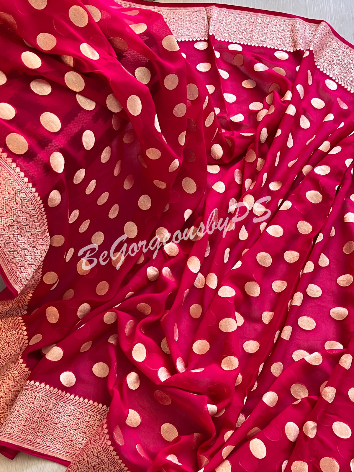 Banarasi Handwoven Georgette silk with gold zari weaved saree, polka dots and stitched blouse pink