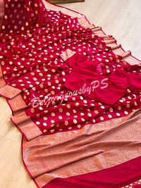Banarasi Handwoven Georgette silk with gold zari weaved saree, polka dots and stitched blouse pink
