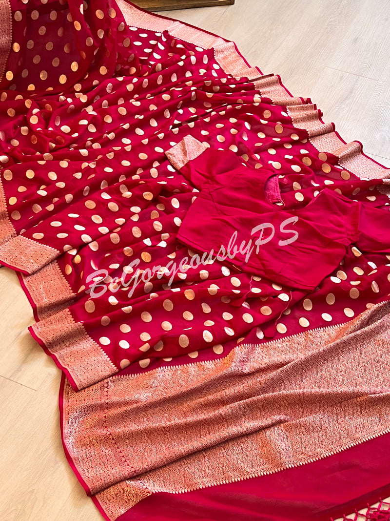 Banarasi Handwoven Georgette silk with gold zari weaved saree, polka dots and stitched blouse pink