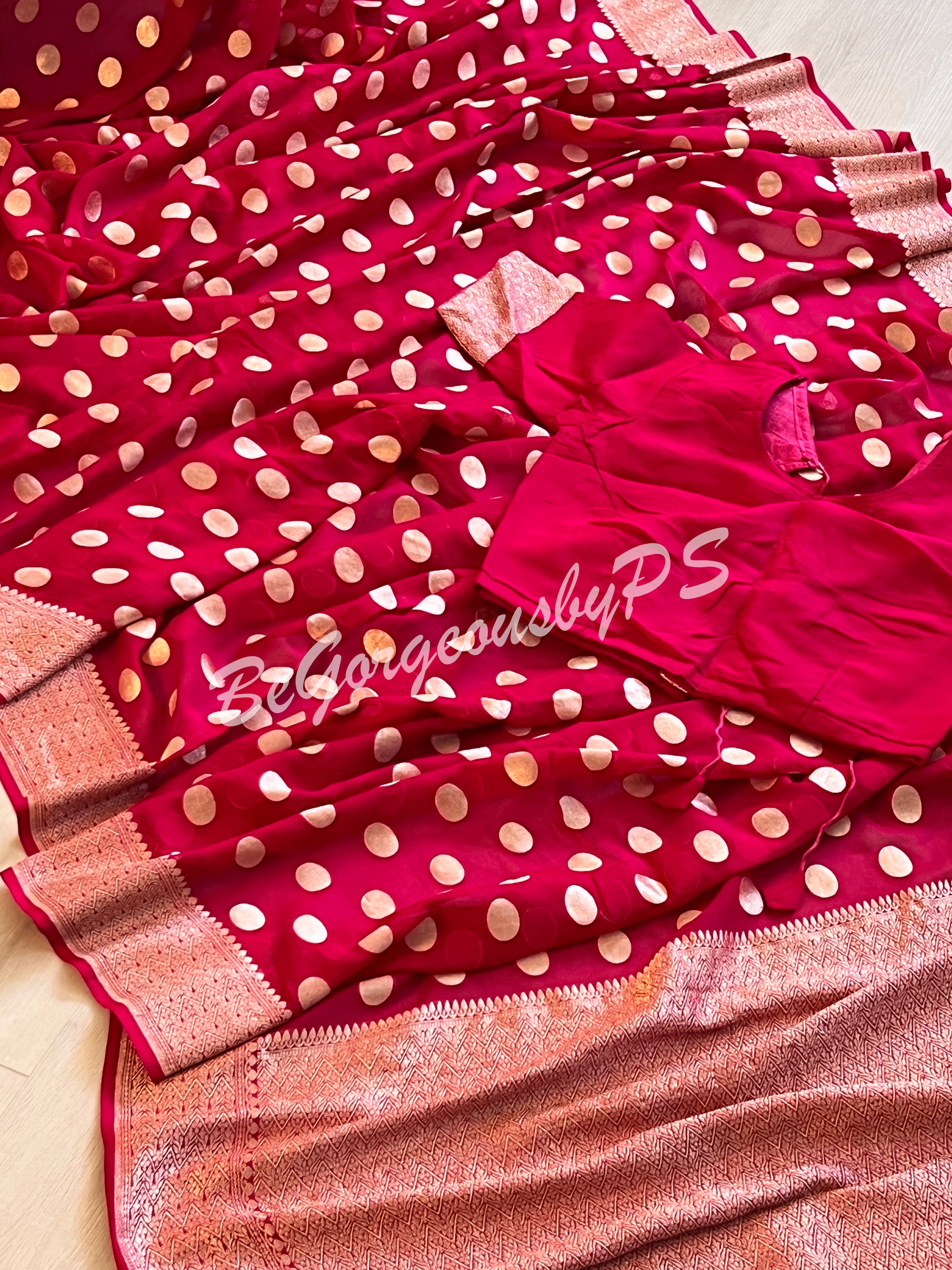 Banarasi Handwoven Georgette silk with gold zari weaved saree, polka dots and stitched blouse pink