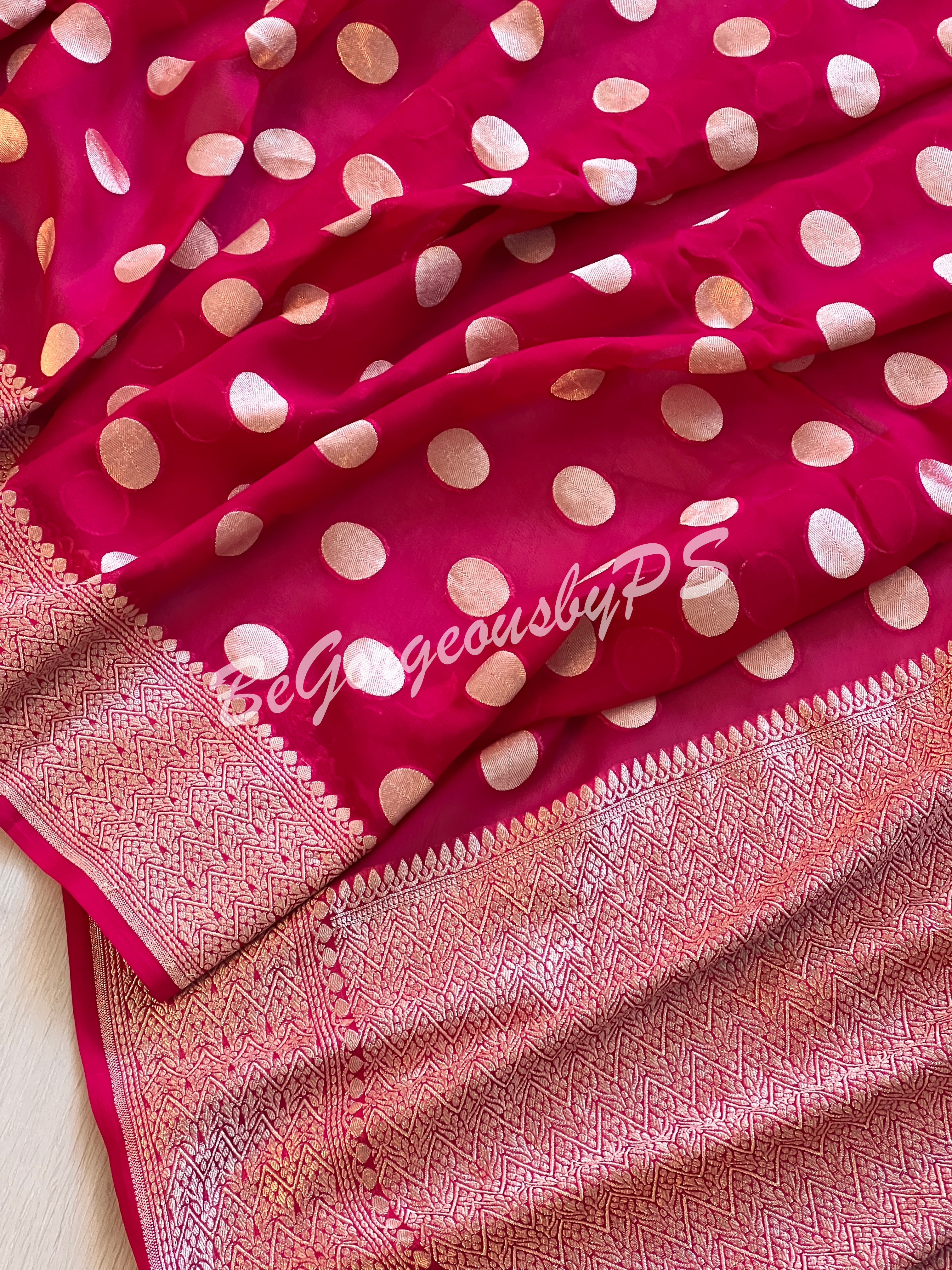 Banarasi Handwoven Georgette silk with gold zari weaved saree, polka dots and stitched blouse pink