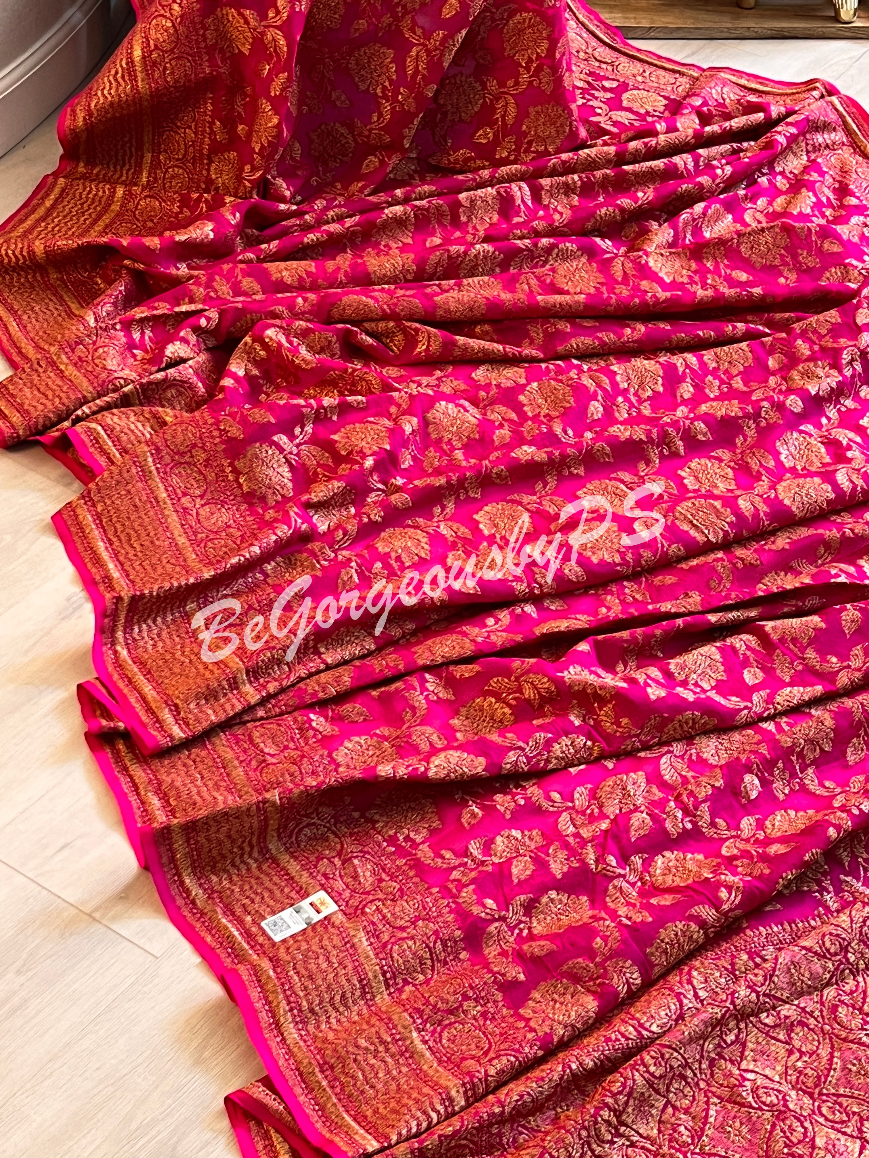 Banarasi handwoven khaddi georgette silk with antique zari and stitched blouse- pink