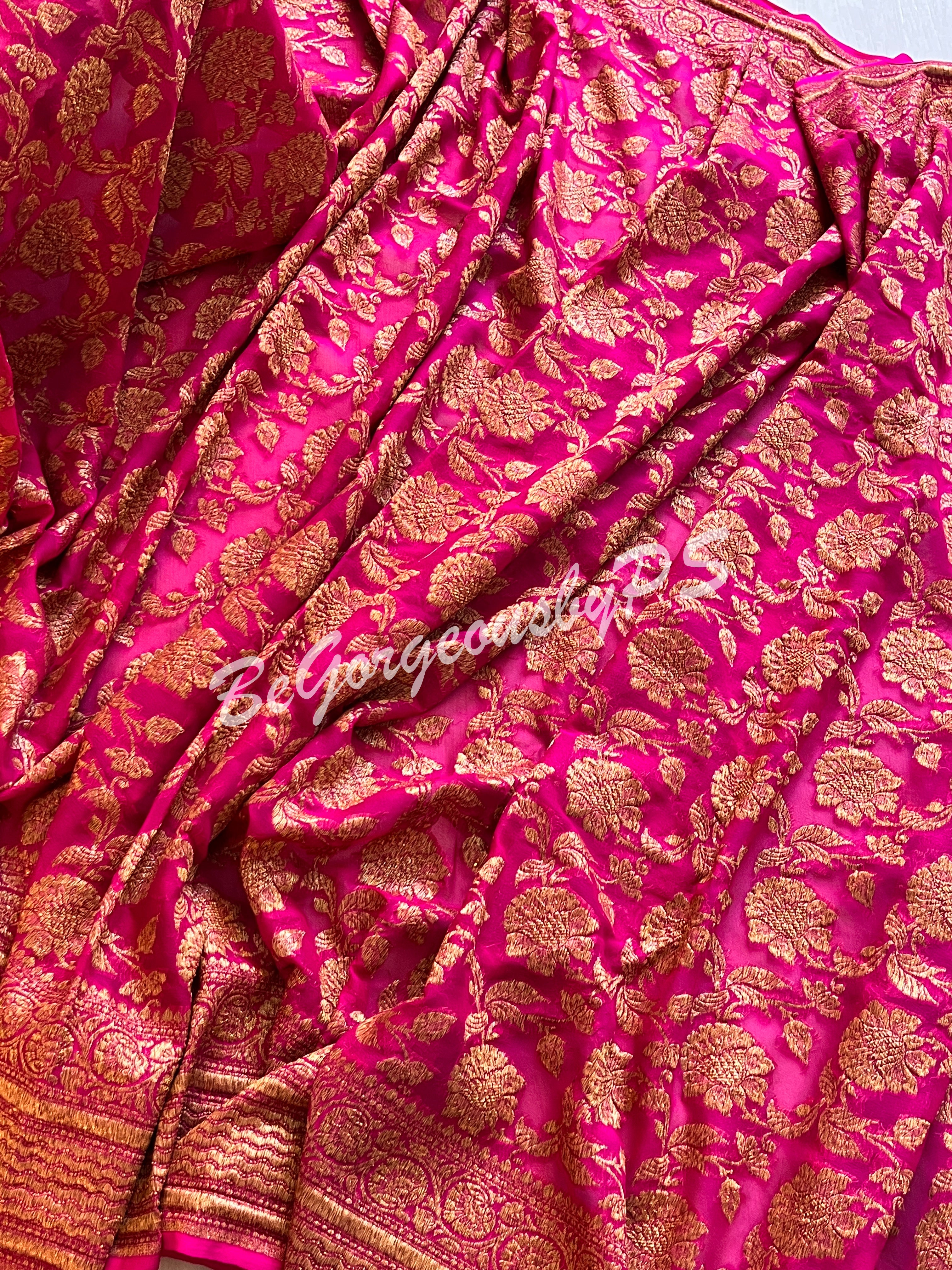 Banarasi handwoven khaddi georgette silk with antique zari and stitched blouse- pink