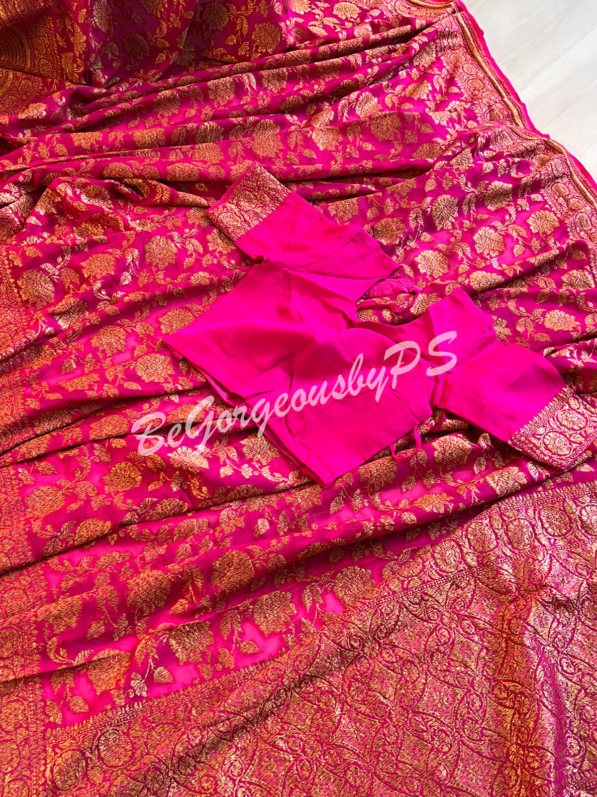 Banarasi handwoven khaddi georgette silk with antique zari and stitched blouse- pink