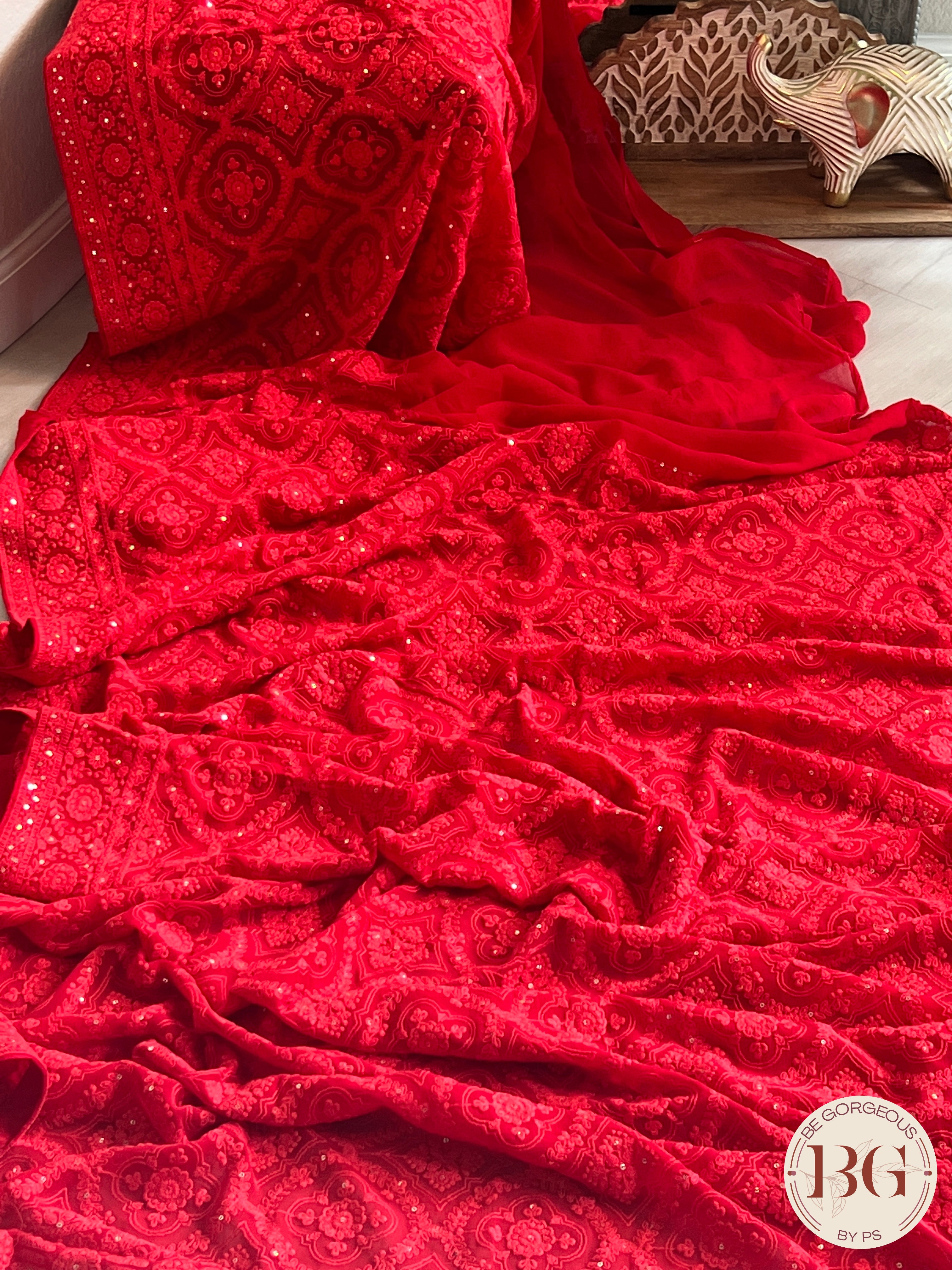 Chikankari with sequin Red