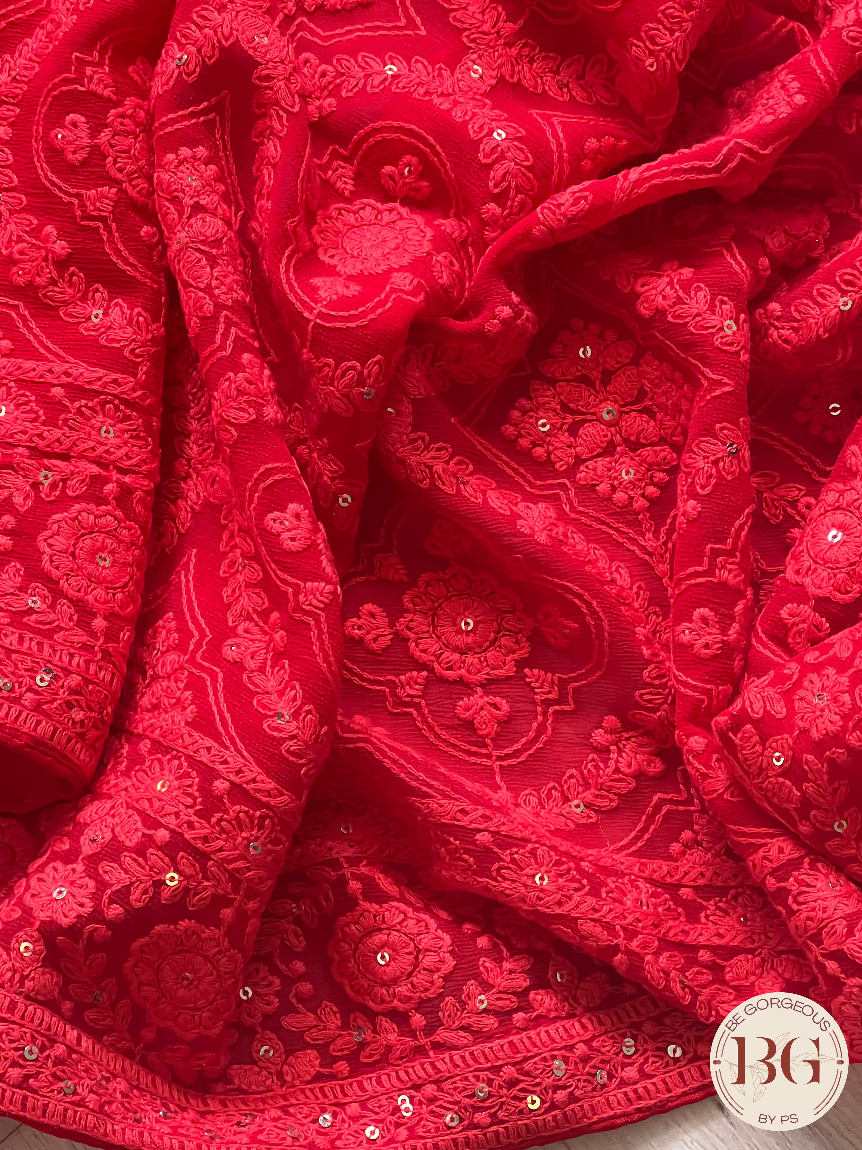 Chikankari with sequin Red