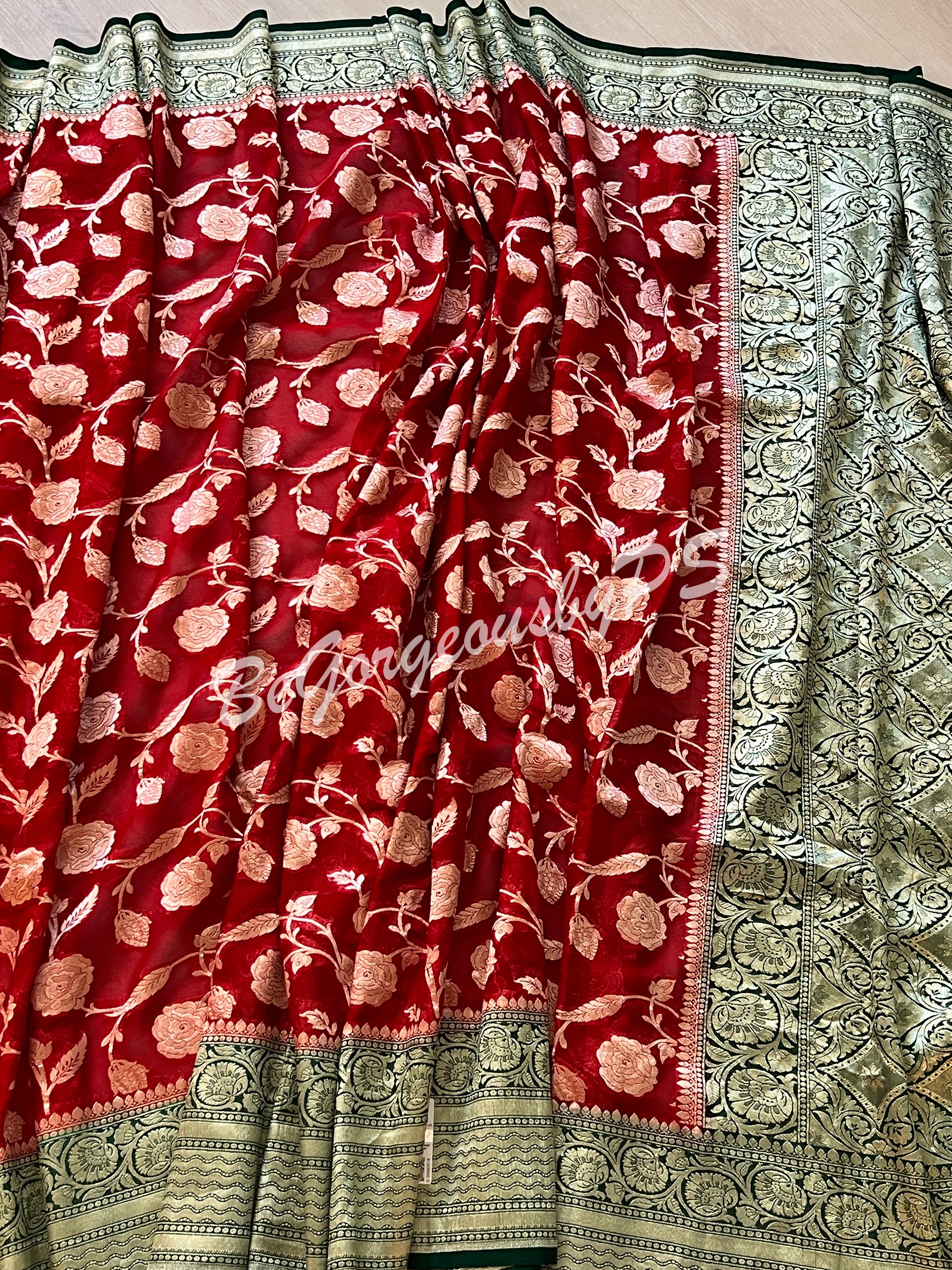 Banarasi Khaddi Georgette silk with water zari and stitched blouse-red