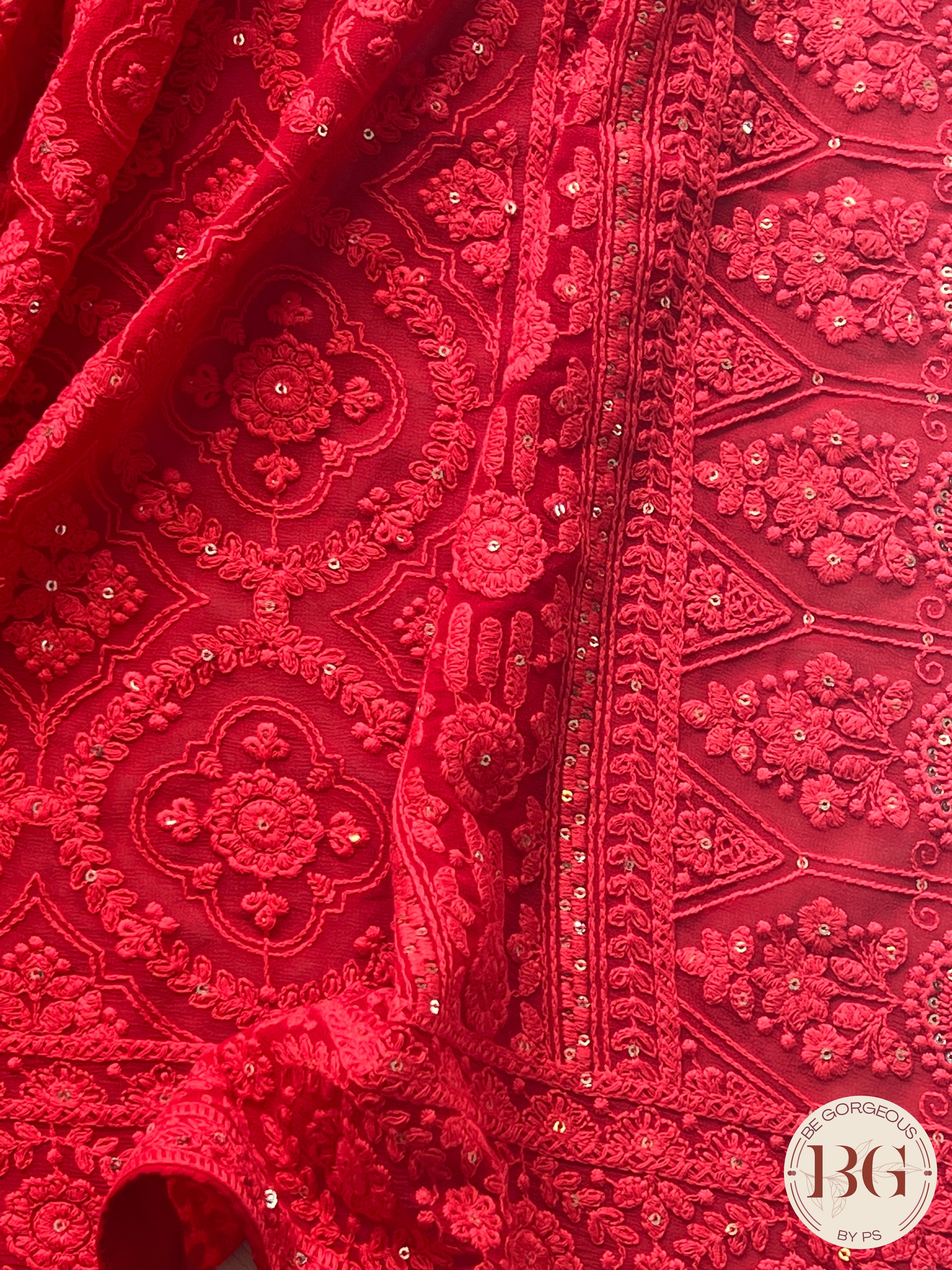 Chikankari with sequin Red