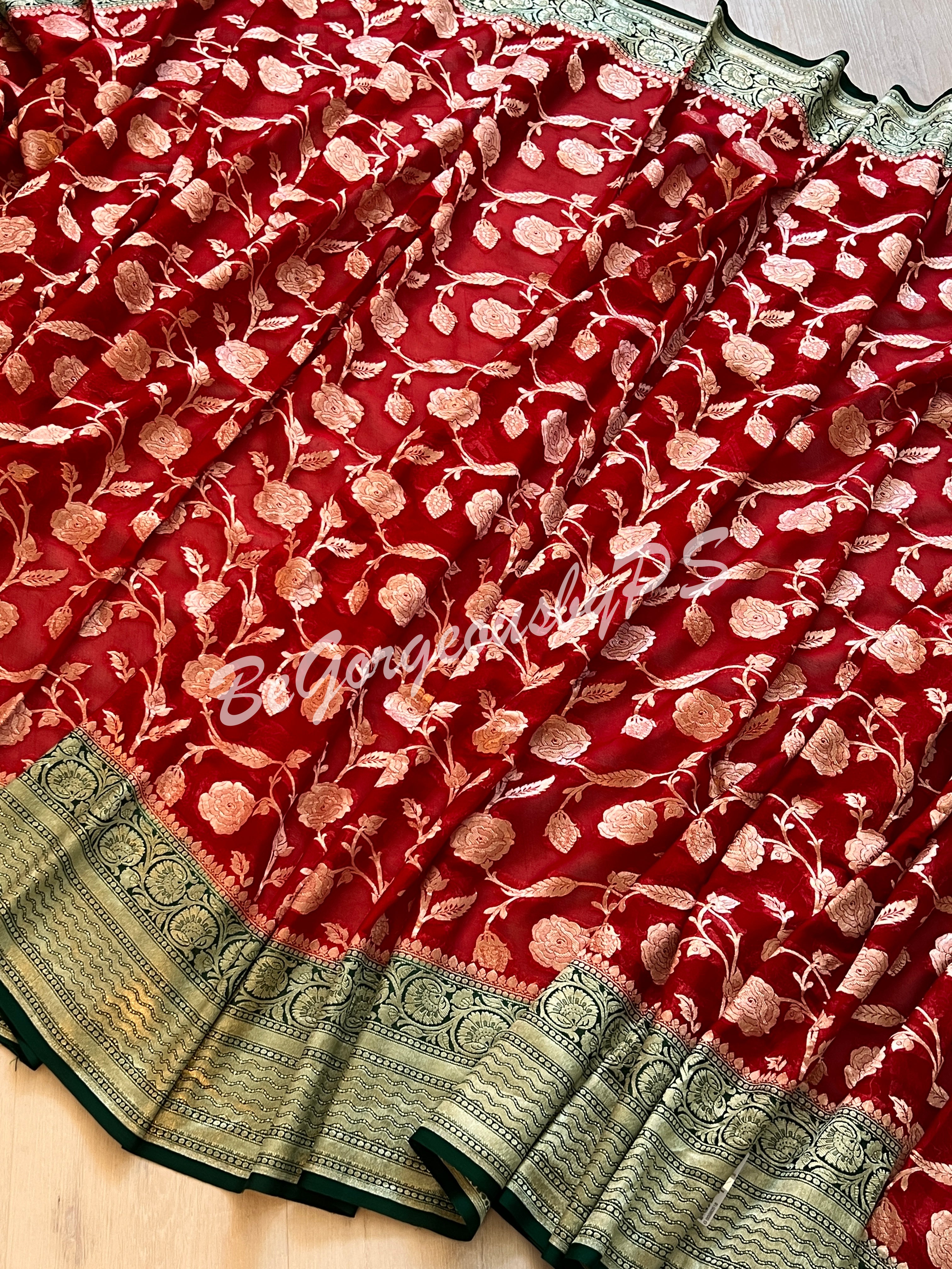 Banarasi Khaddi Georgette silk with water zari and stitched blouse-red