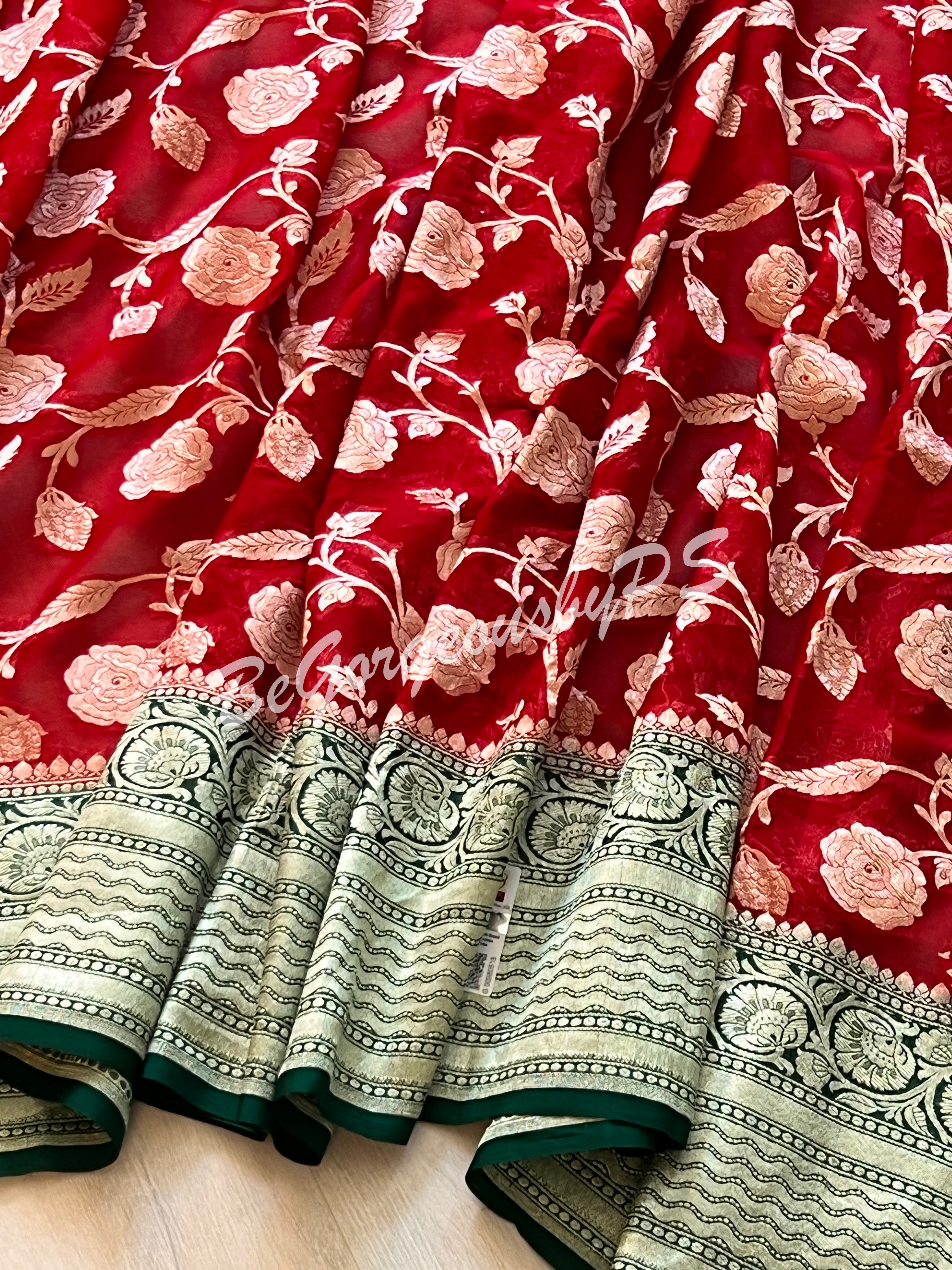 Banarasi Khaddi Georgette silk with water zari and stitched blouse-red