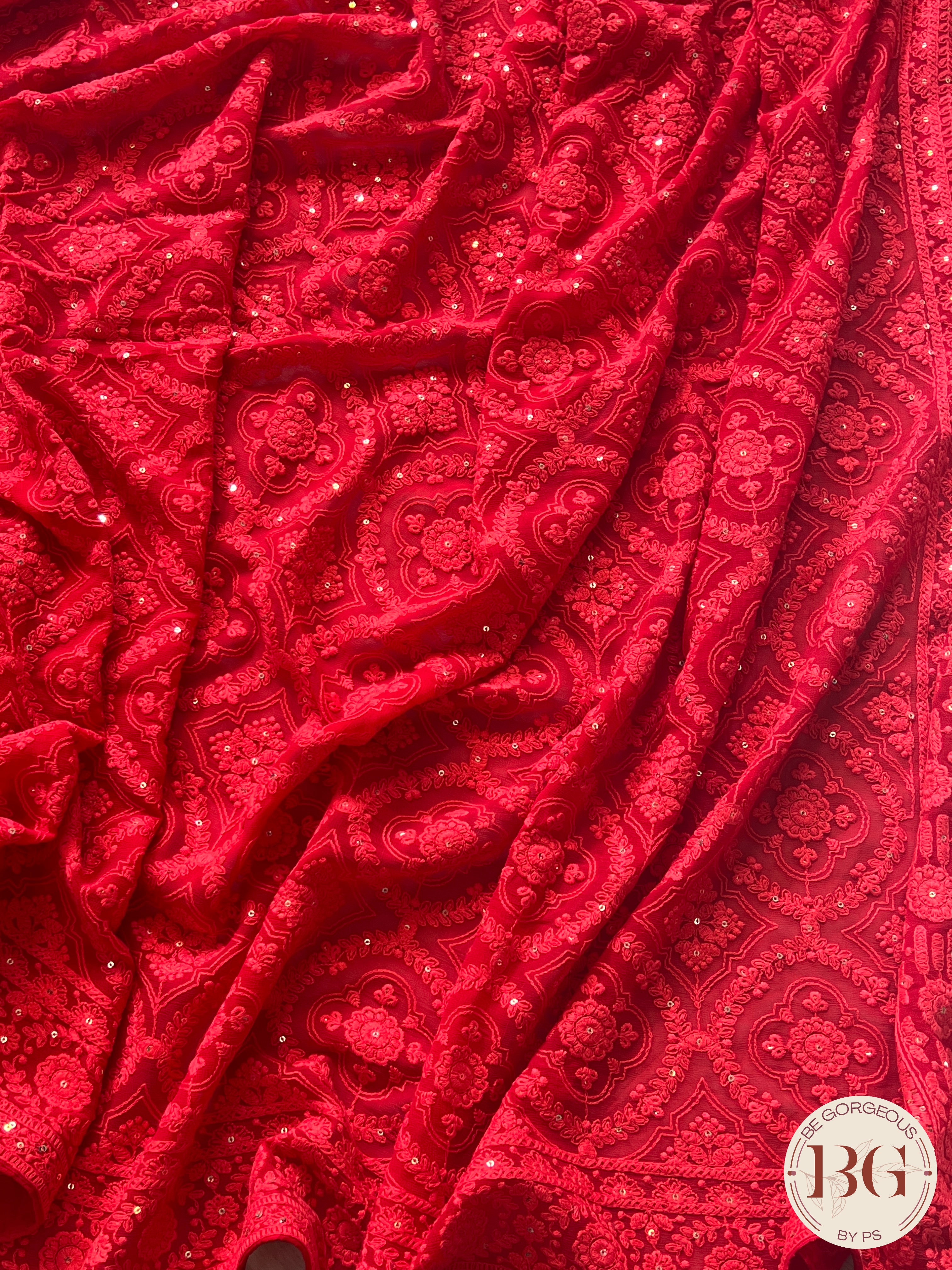 Chikankari with sequin Red