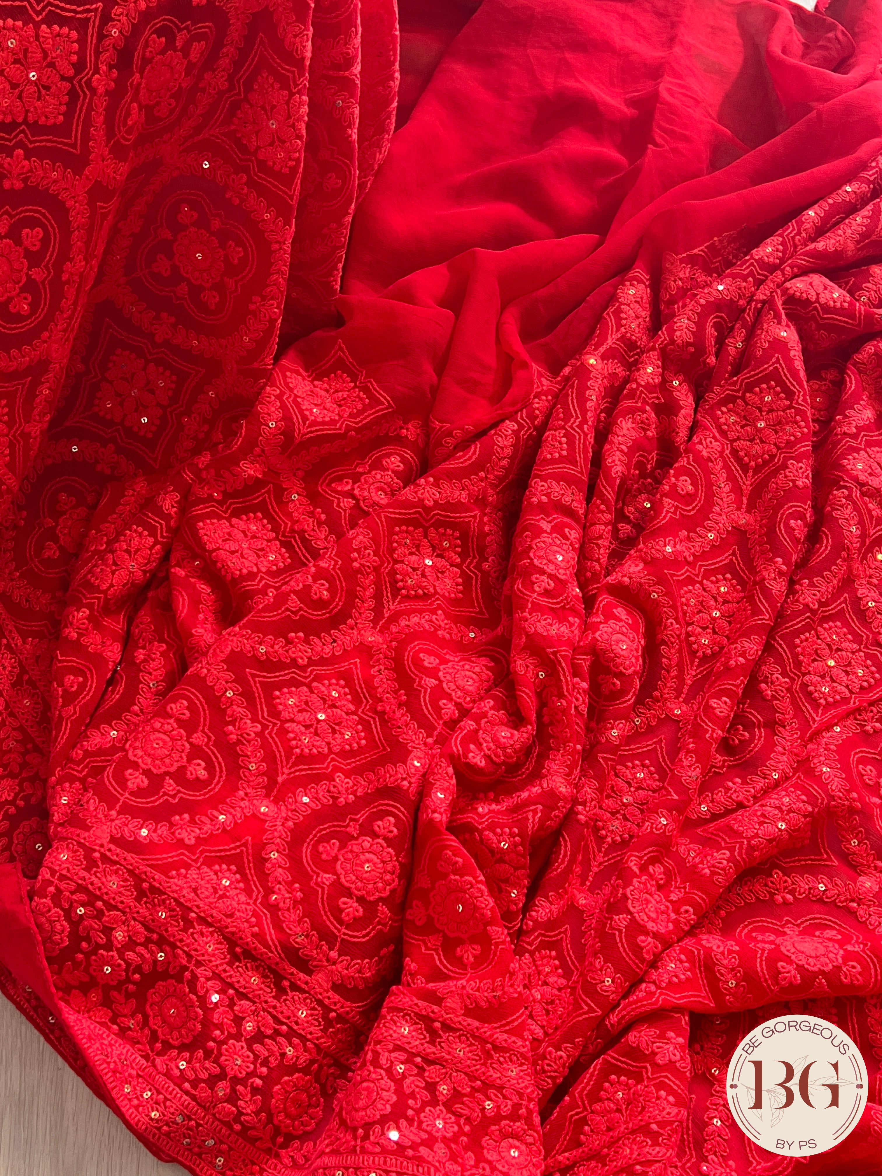 Chikankari with sequin Red1