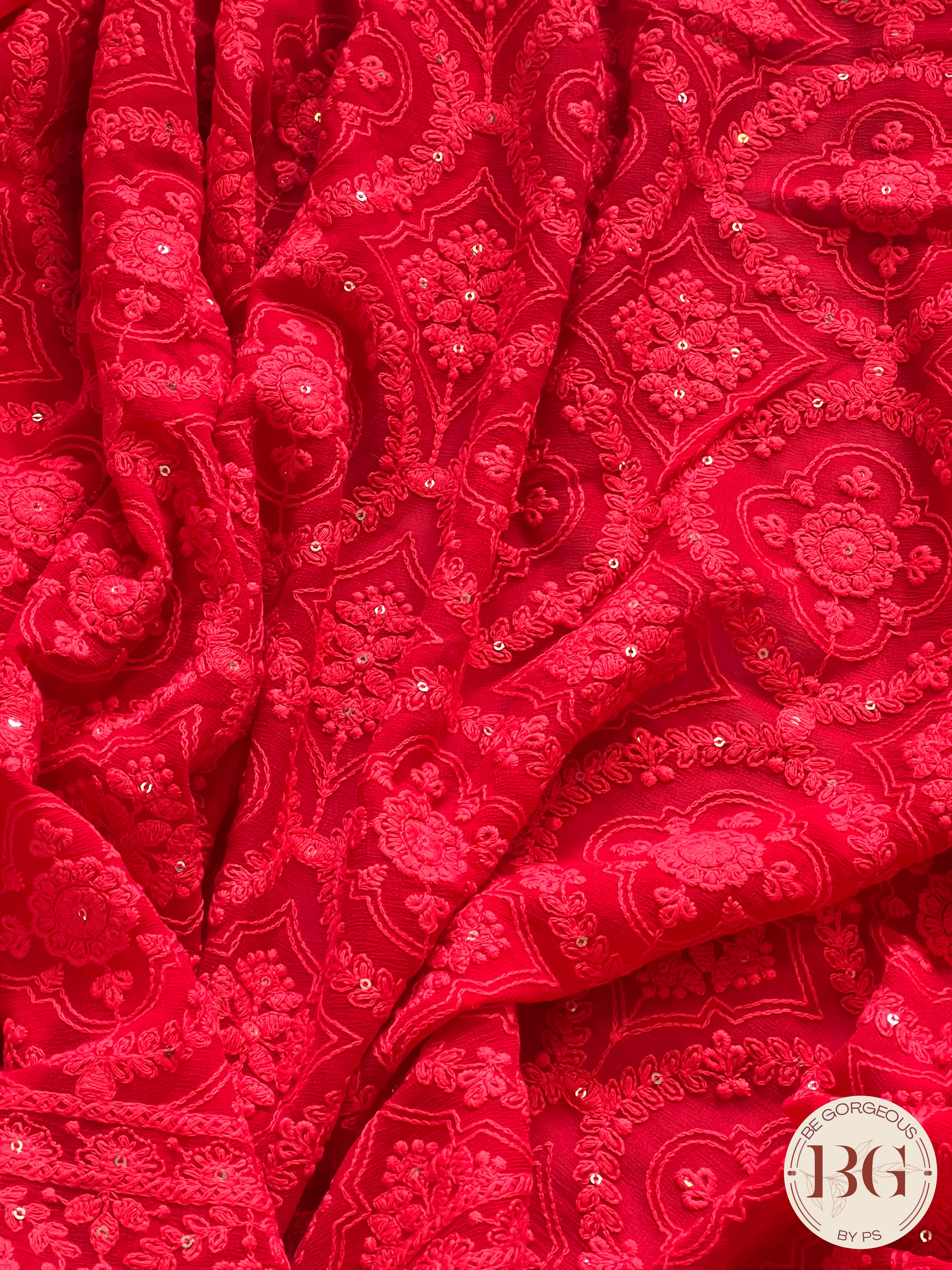 Chikankari with sequin Red