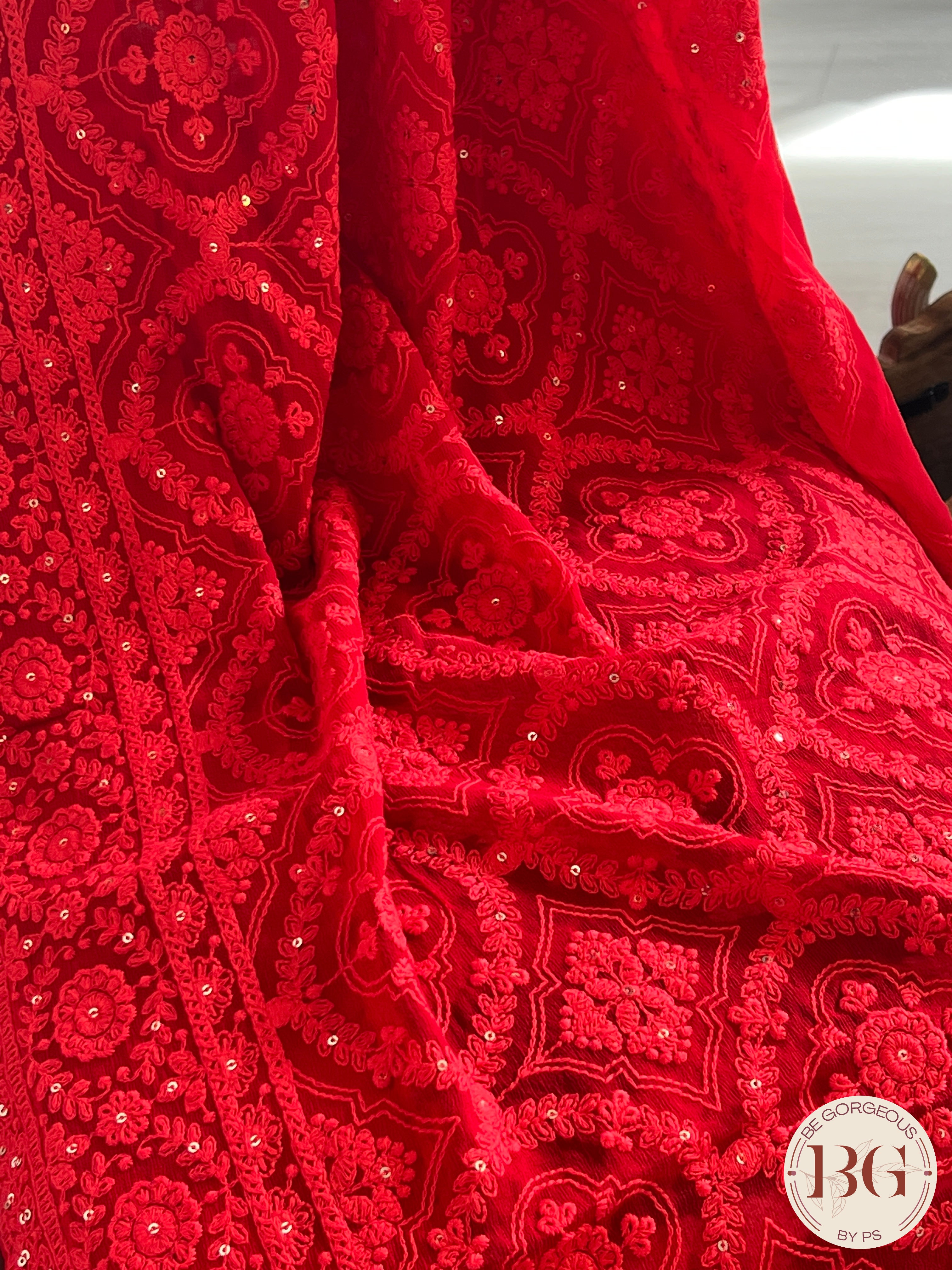 Chikankari with sequin Red