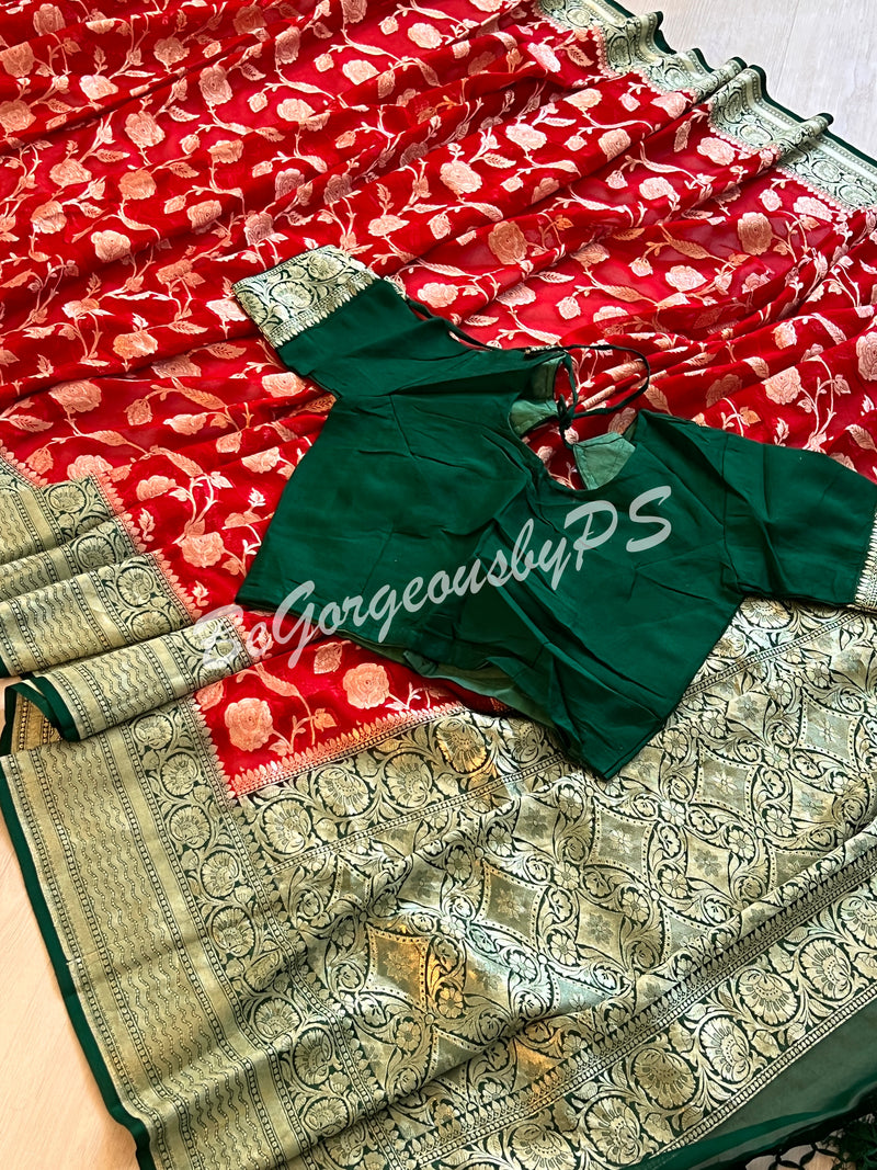 Banarasi Khaddi Georgette silk with water zari and stitched blouse-red