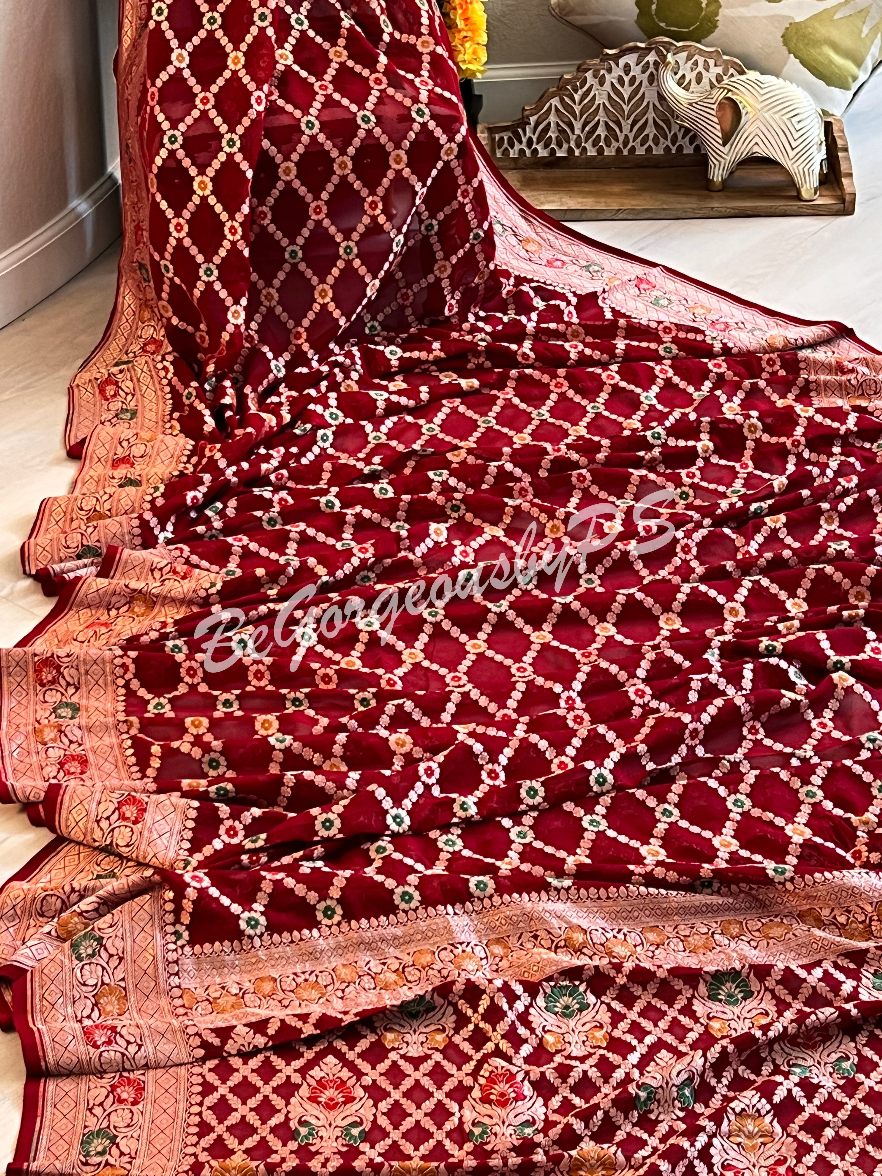 Banarasi handwoven khaddi georgette silk with meenakari golden zari weaved saree and stitched blouse- red