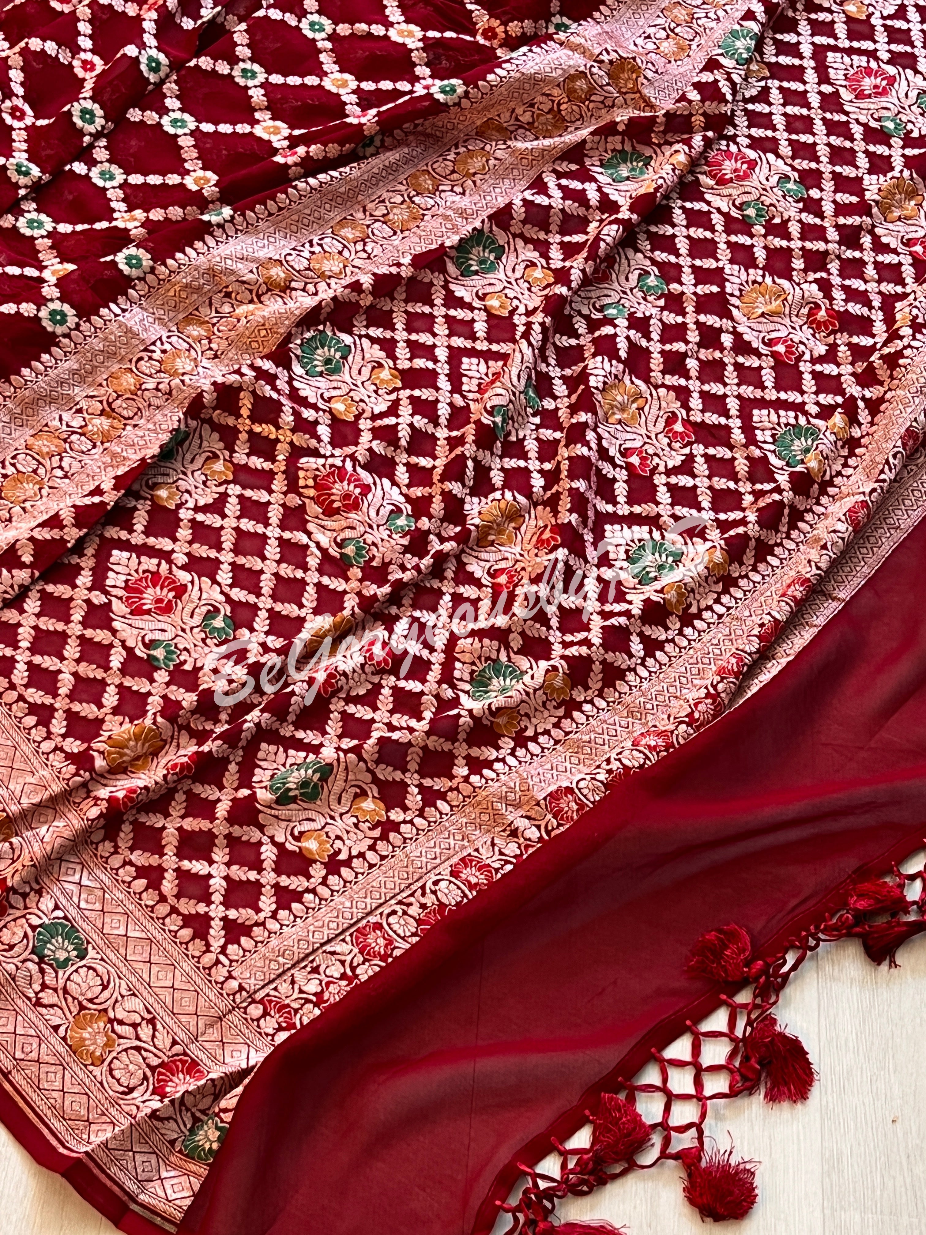 Banarasi handwoven khaddi georgette silk with meenakari golden zari weaved saree and stitched blouse- red