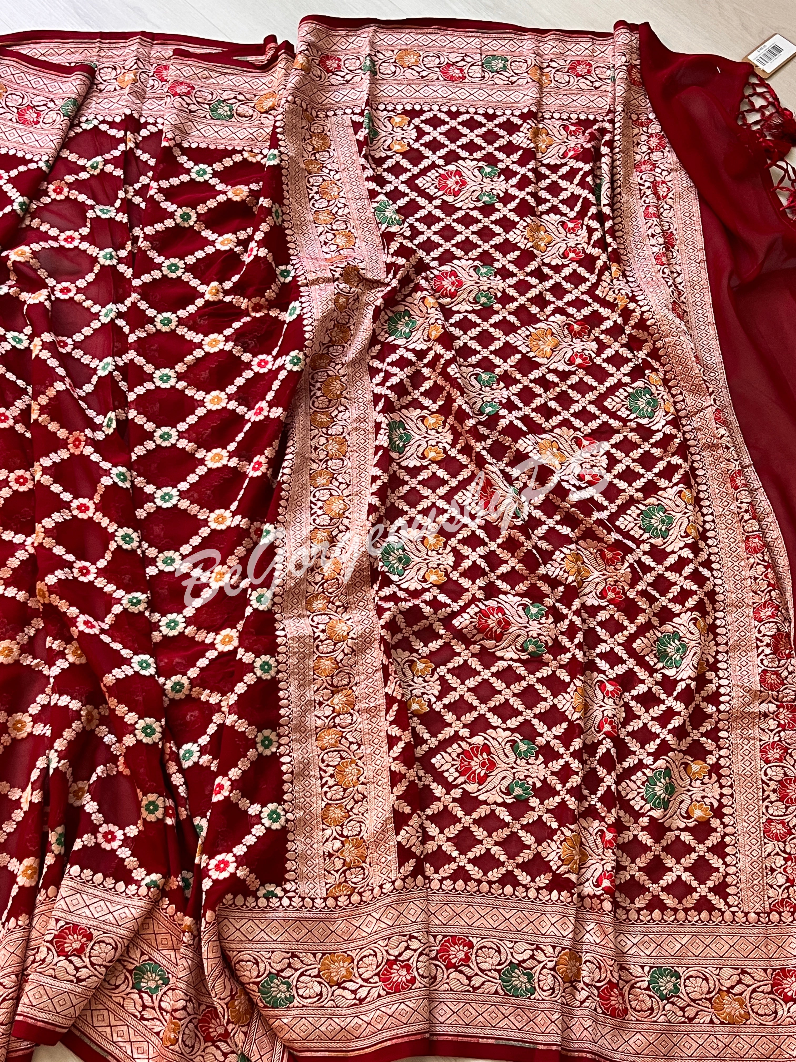 Banarasi handwoven khaddi georgette silk with meenakari golden zari weaved saree and stitched blouse- red