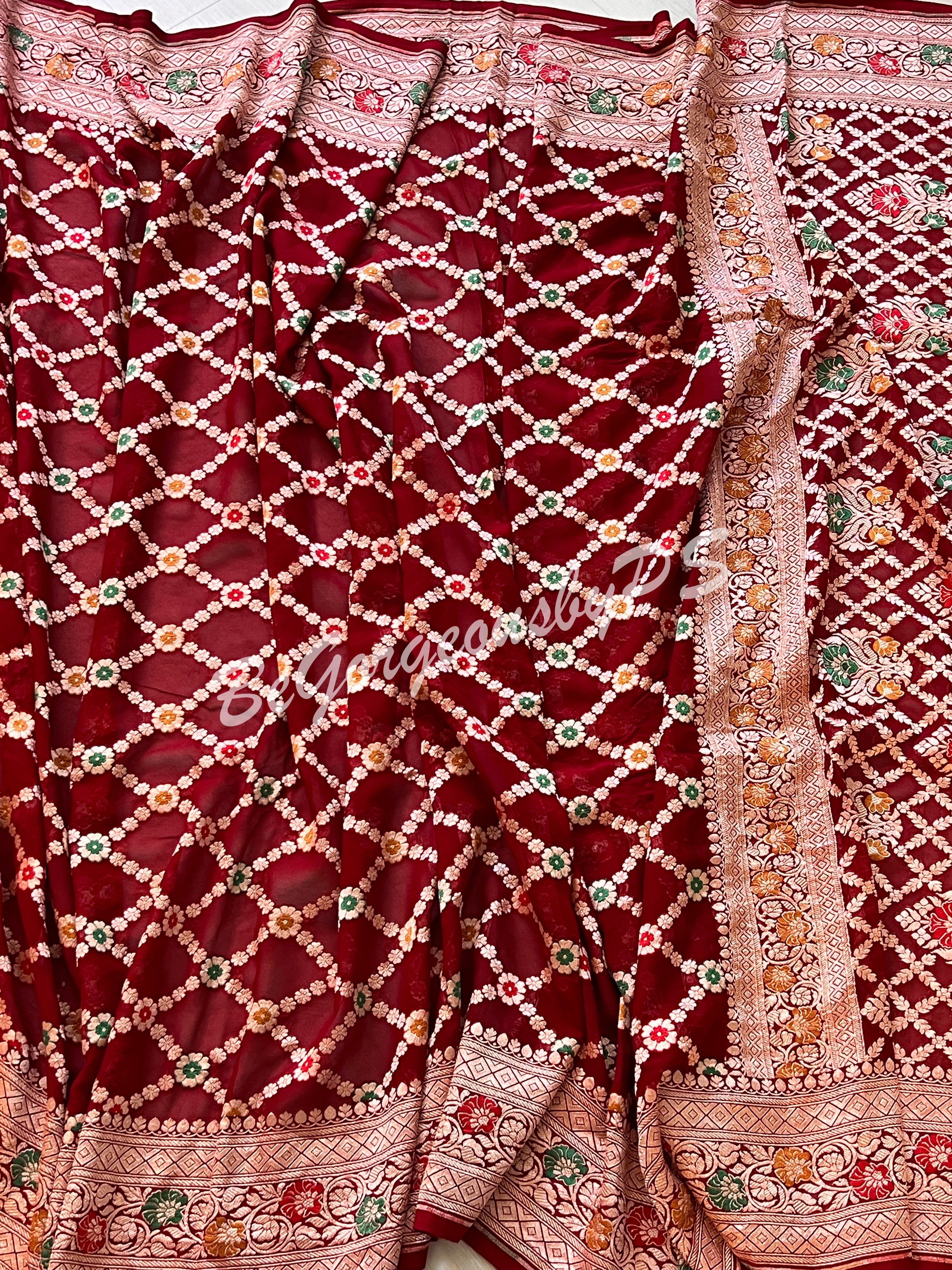 Banarasi handwoven khaddi georgette silk with meenakari golden zari weaved saree and stitched blouse- red