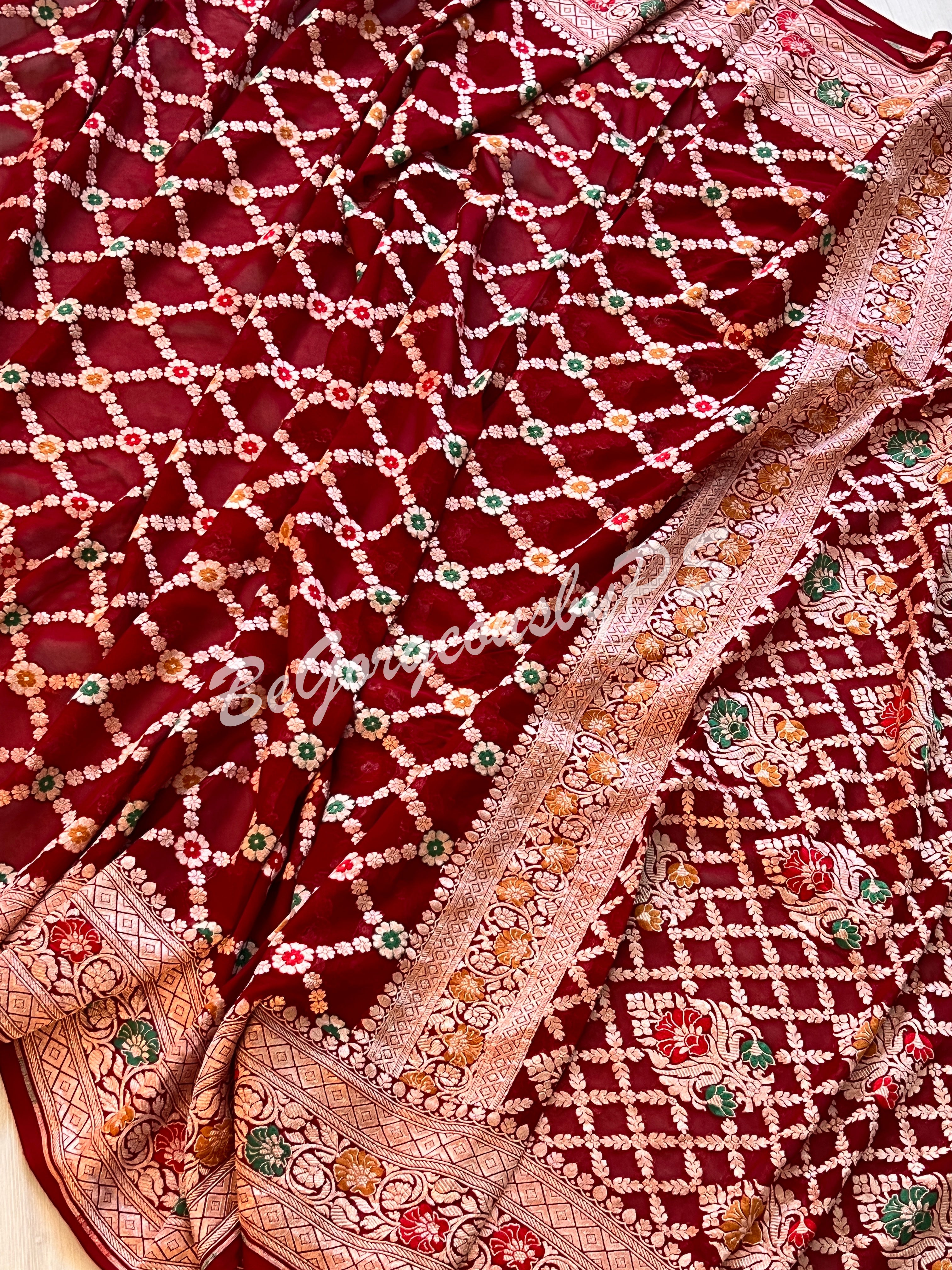 Banarasi handwoven khaddi georgette silk with meenakari golden zari weaved saree and stitched blouse- red