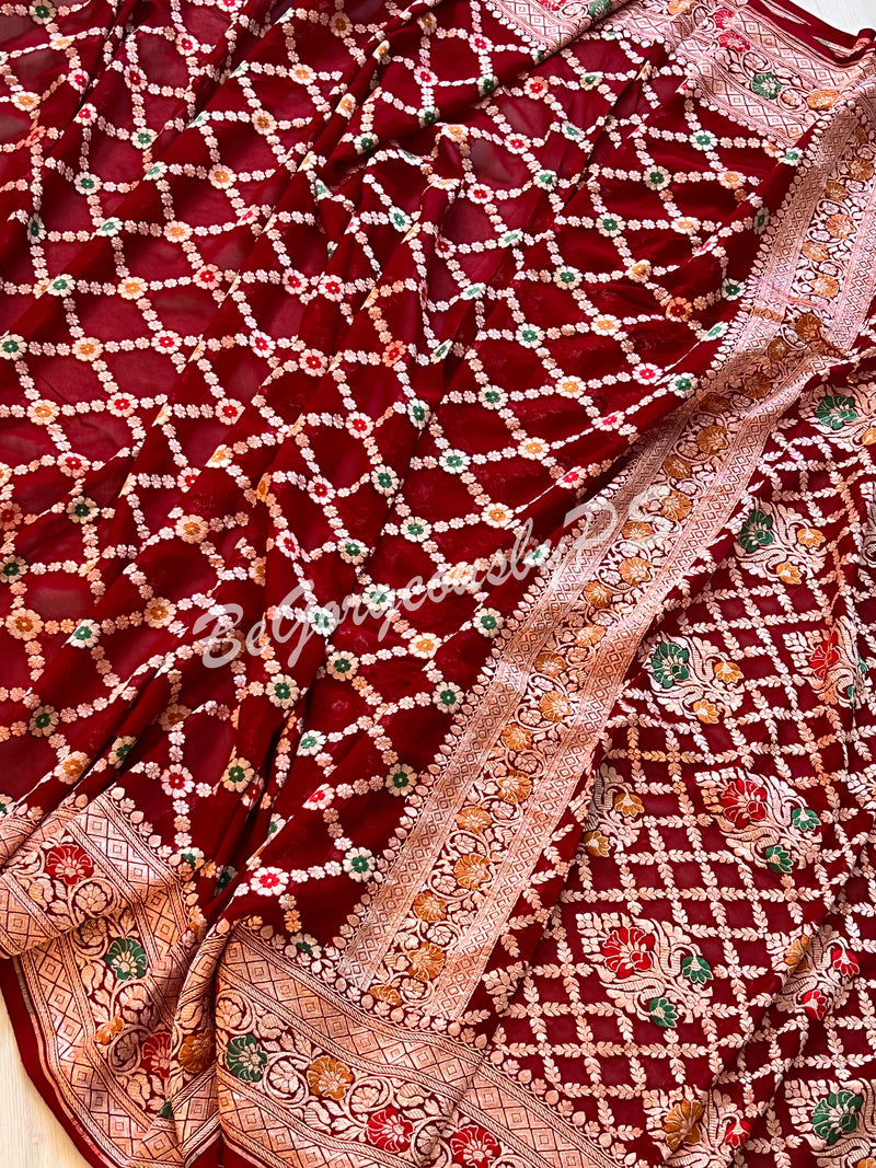 Banarasi handwoven khaddi georgette silk with meenakari golden zari weaved saree and stitched blouse- red