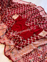Banarasi handwoven khaddi georgette silk with meenakari golden zari weaved saree and stitched blouse- red
