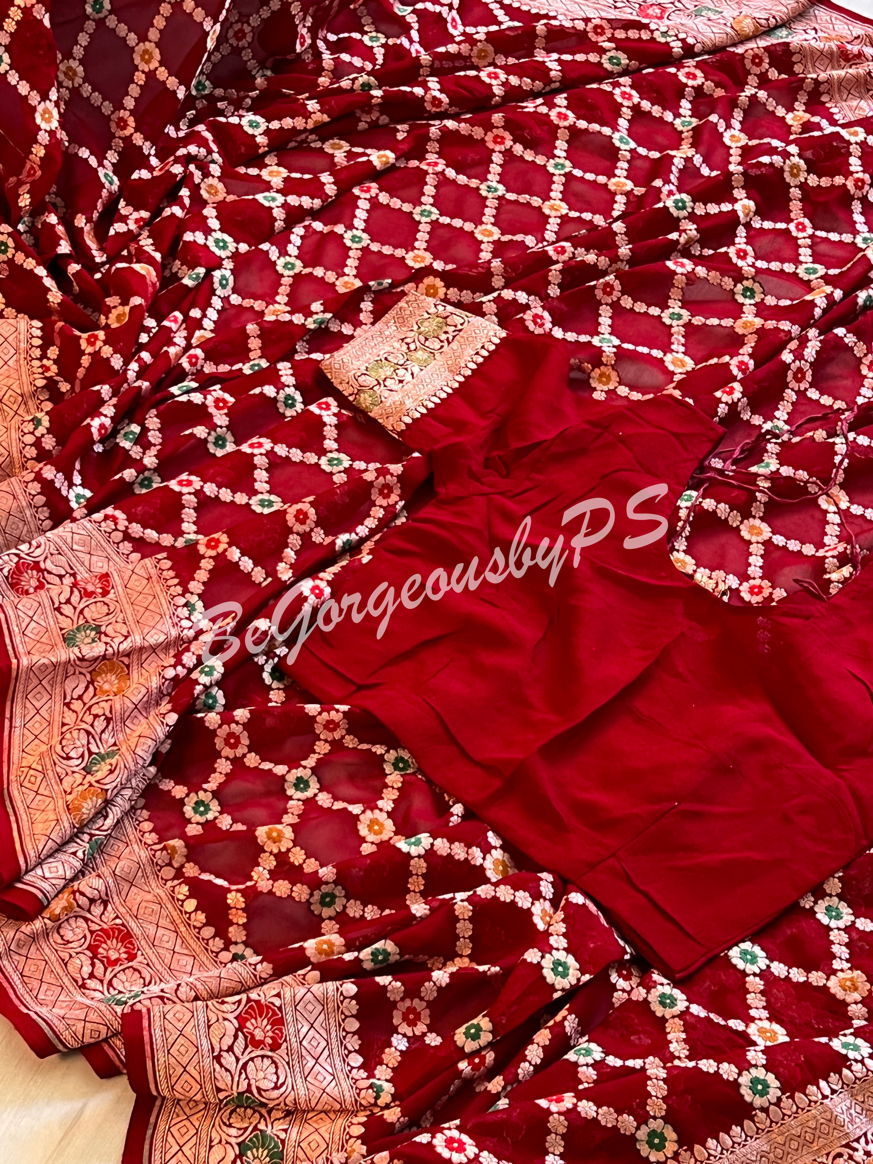 Banarasi handwoven khaddi georgette silk with meenakari golden zari weaved saree and stitched blouse- red