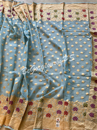 Banarasi handwoven khaddi georgette silk with meenakari golden zari weaved saree polka dots and stitched blouse- powder blue
