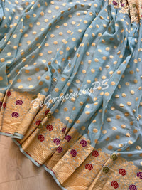 Banarasi handwoven khaddi georgette silk with meenakari golden zari weaved saree polka dots and stitched blouse- powder blue
