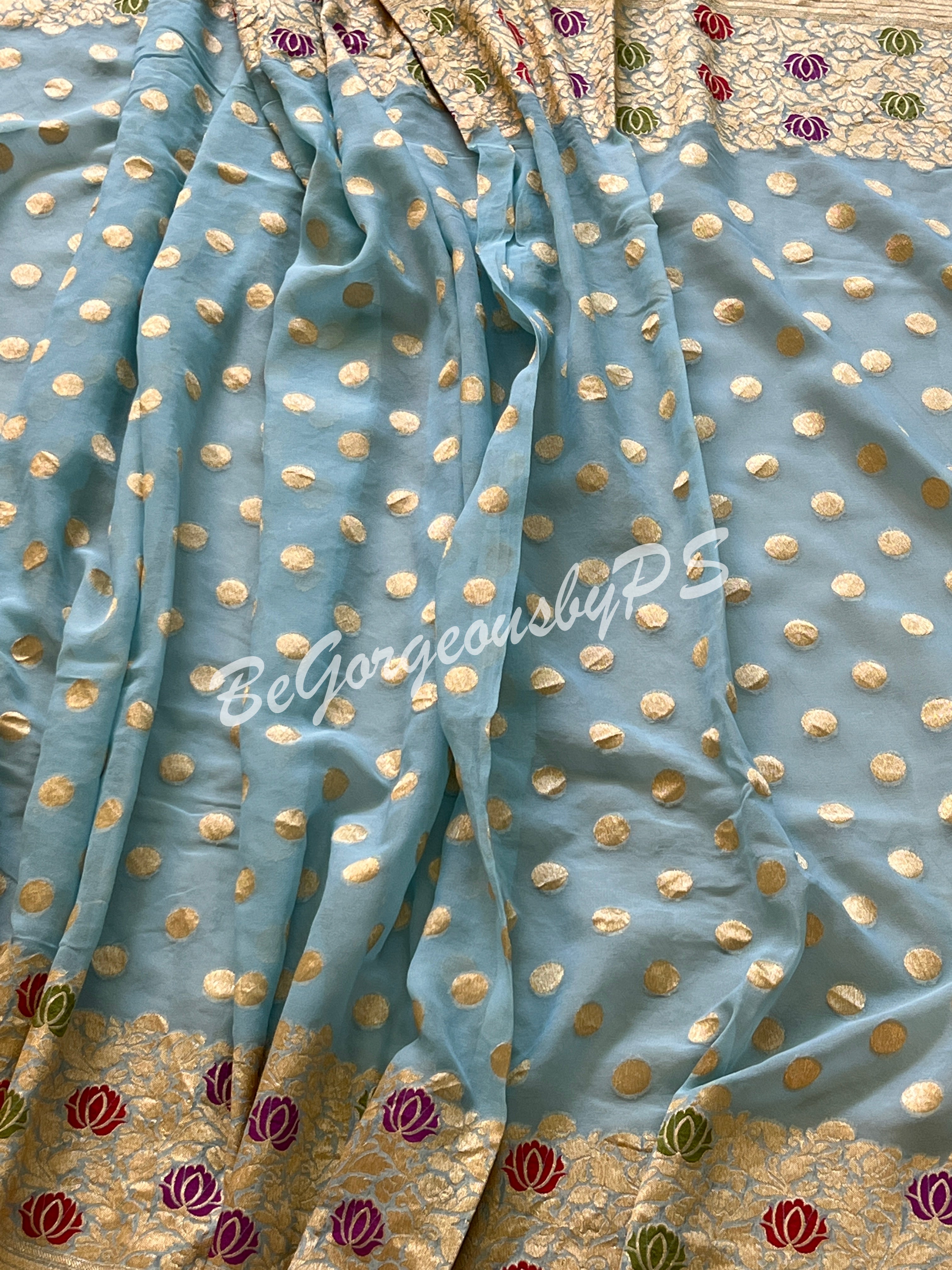 Banarasi handwoven khaddi georgette silk with meenakari golden zari weaved saree polka dots and stitched blouse- powder blue