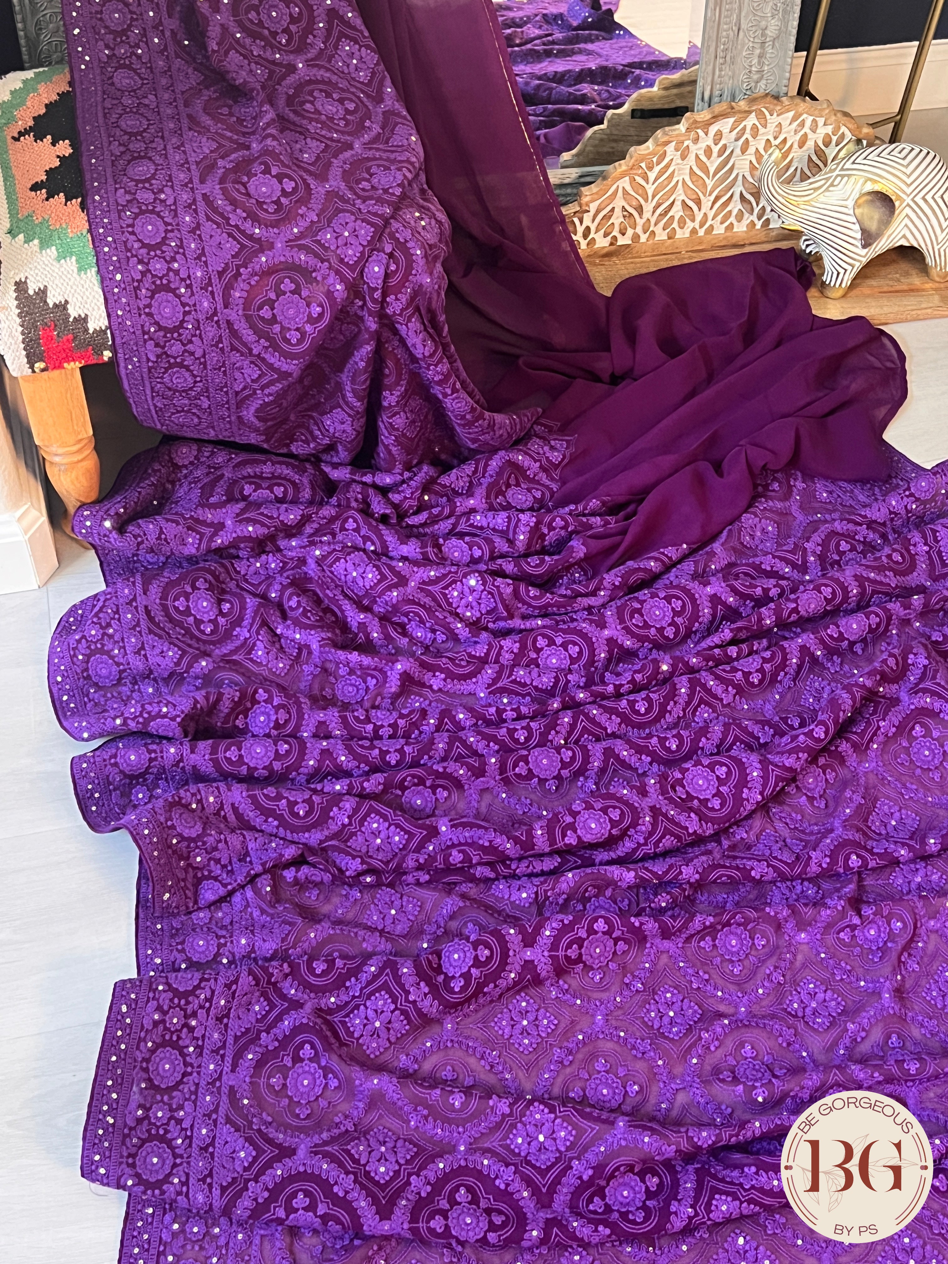 Chikankari with flowers and sequin Purple