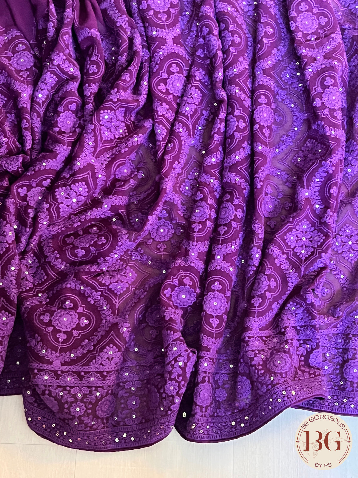 Chikankari with flowers and sequin Purple