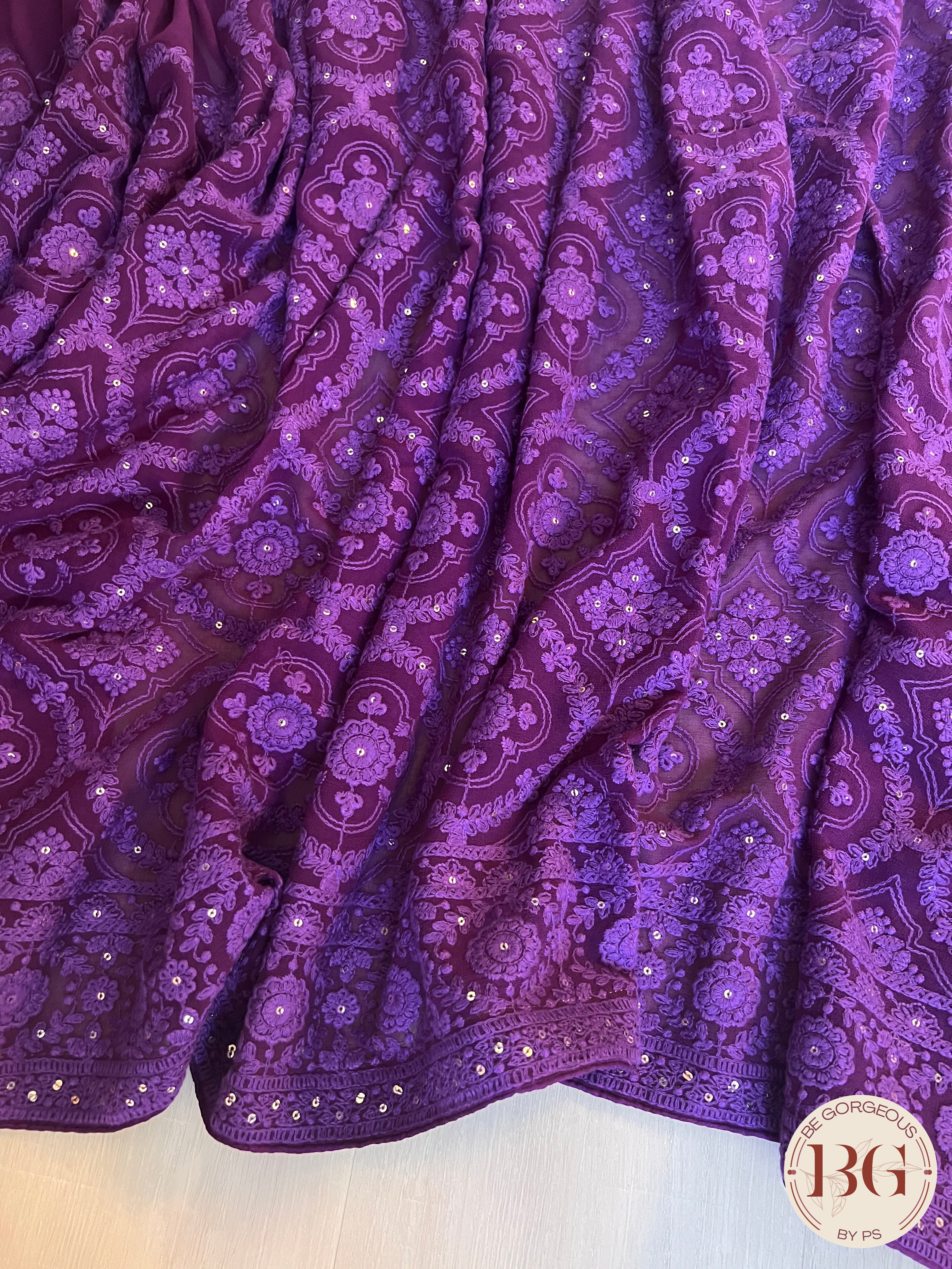 Chikankari with flowers and sequin Purple