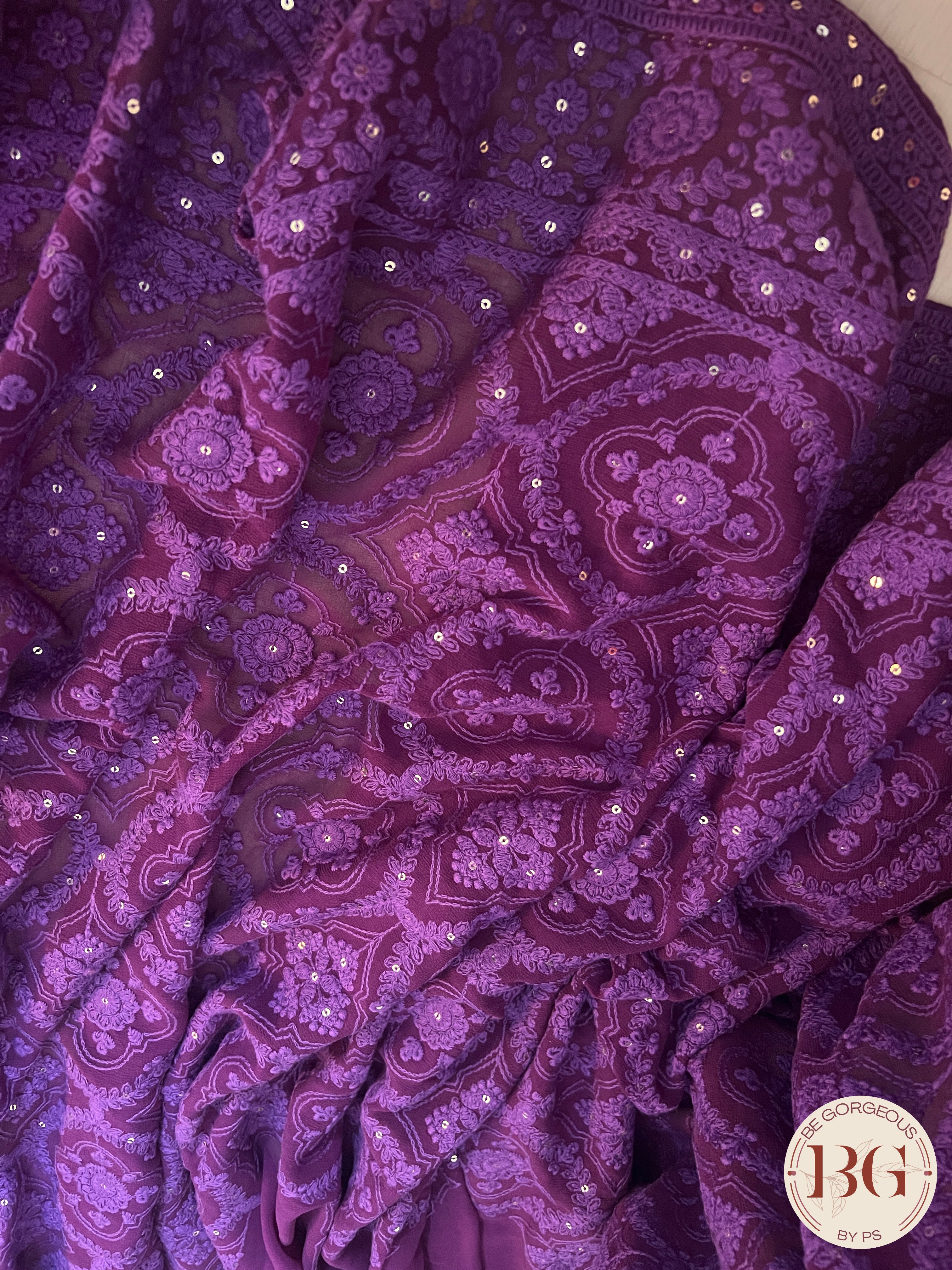 Chikankari with flowers and sequin Purple