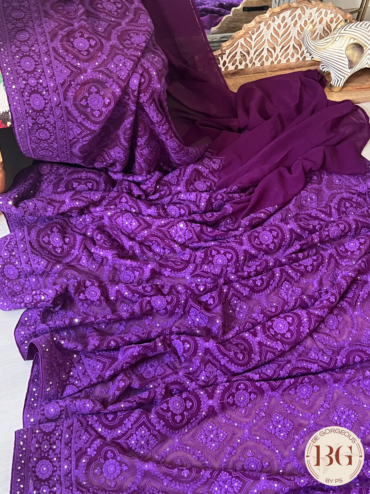 Chikankari with flowers and sequin Purple