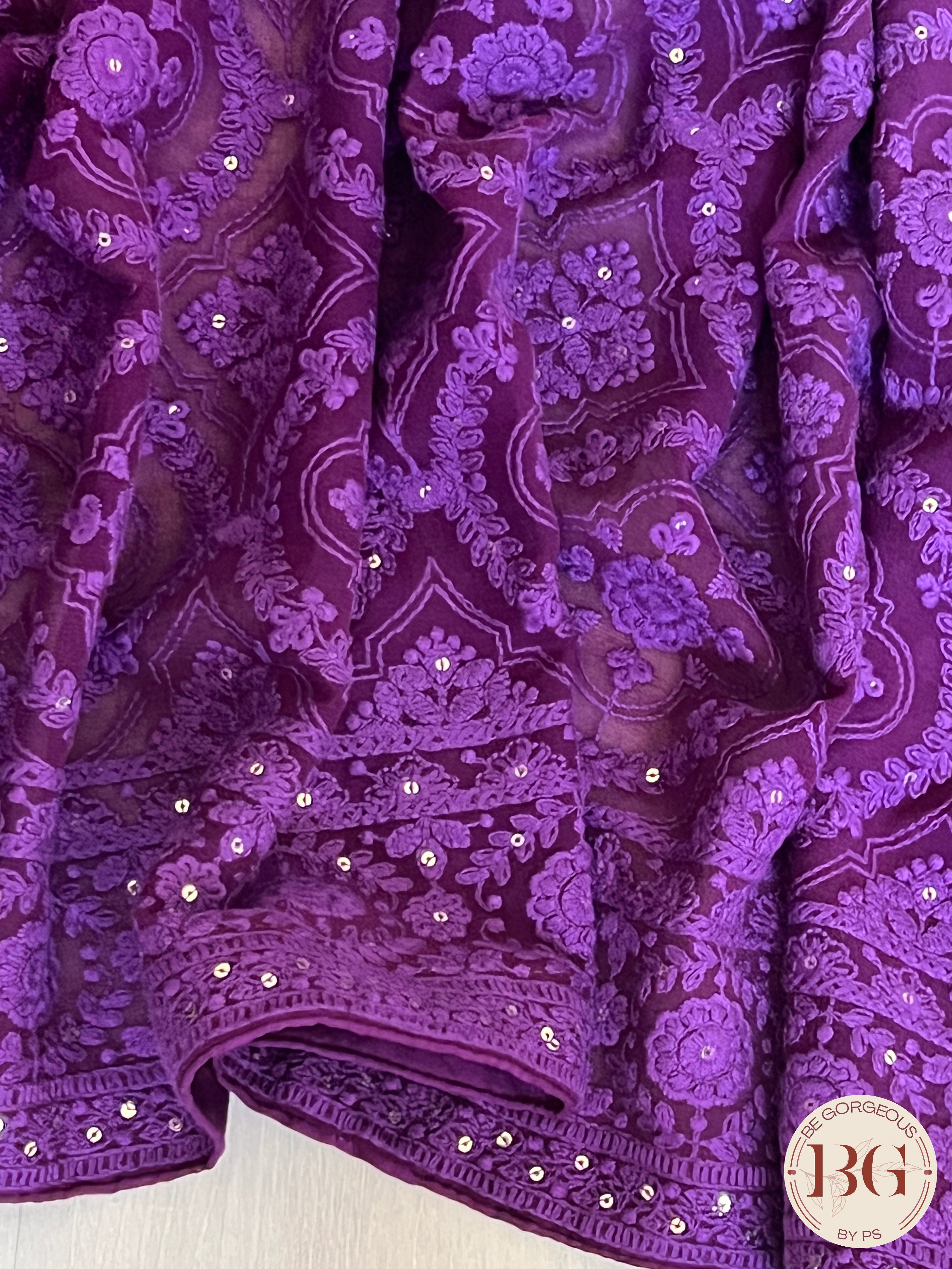 Chikankari with flowers and sequin Purple